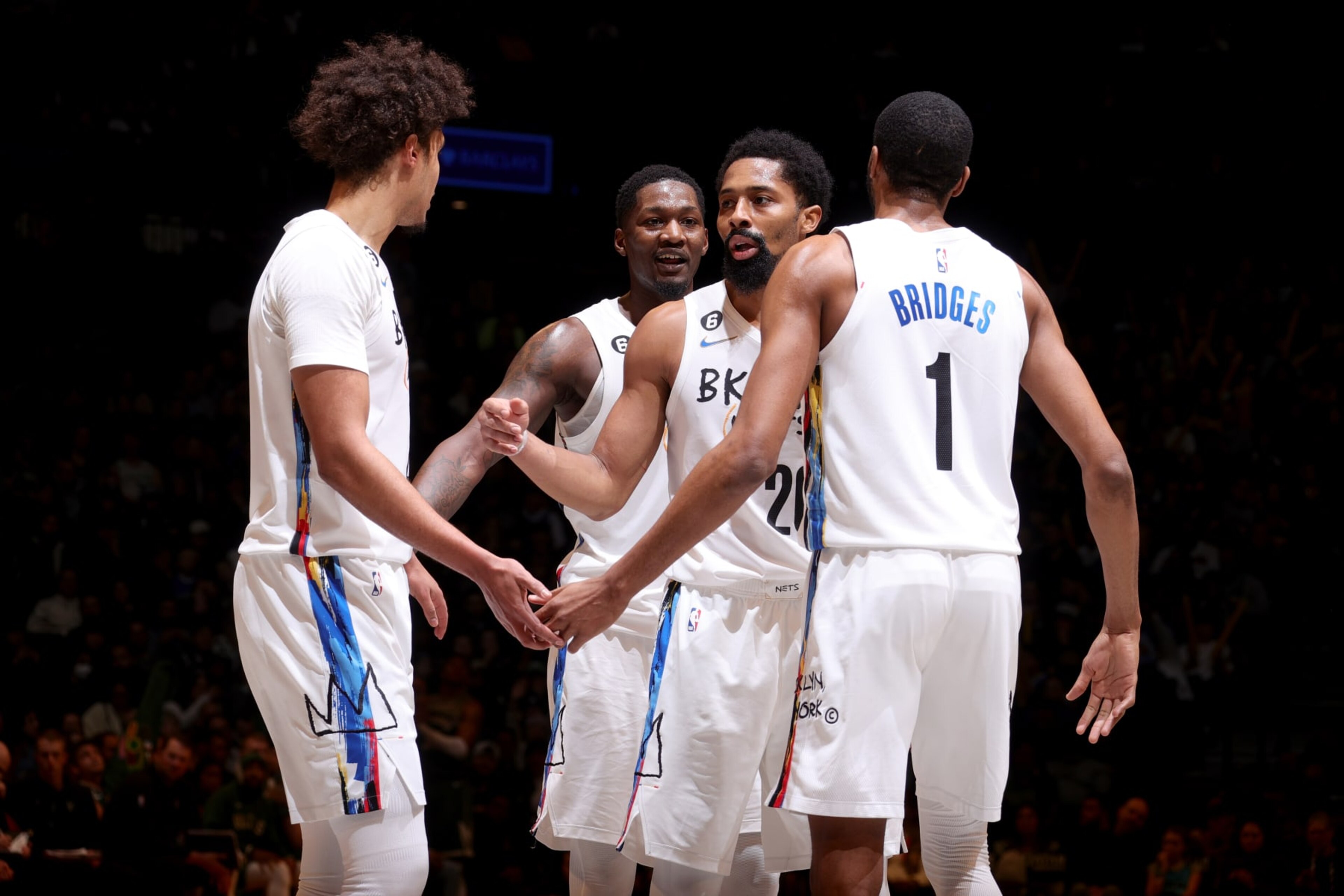 Cameron Johnson, Dorian Finney-Smith, Spencer Dinwiddie and Mikal Bridges