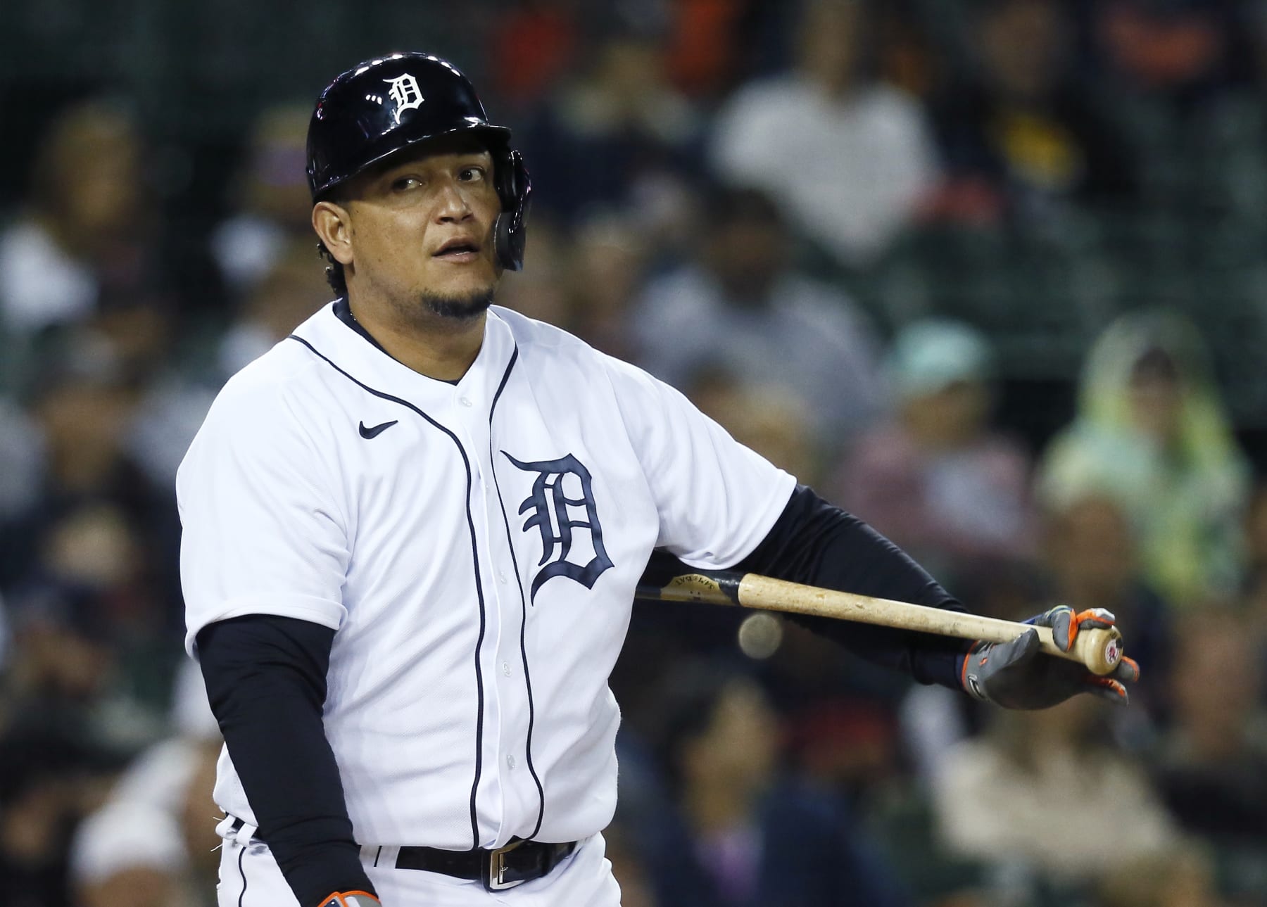 DETROIT, MI -  SEPTEMBER 30:  Miguel Cabrera #24 of the Detroit Tigers reacts after striking out against the Minnesota Twins during the fourth inning at Comerica Park on September 30, 2022, in Detroit, Michigan. (Photo by Duane Burleson/Getty Images)