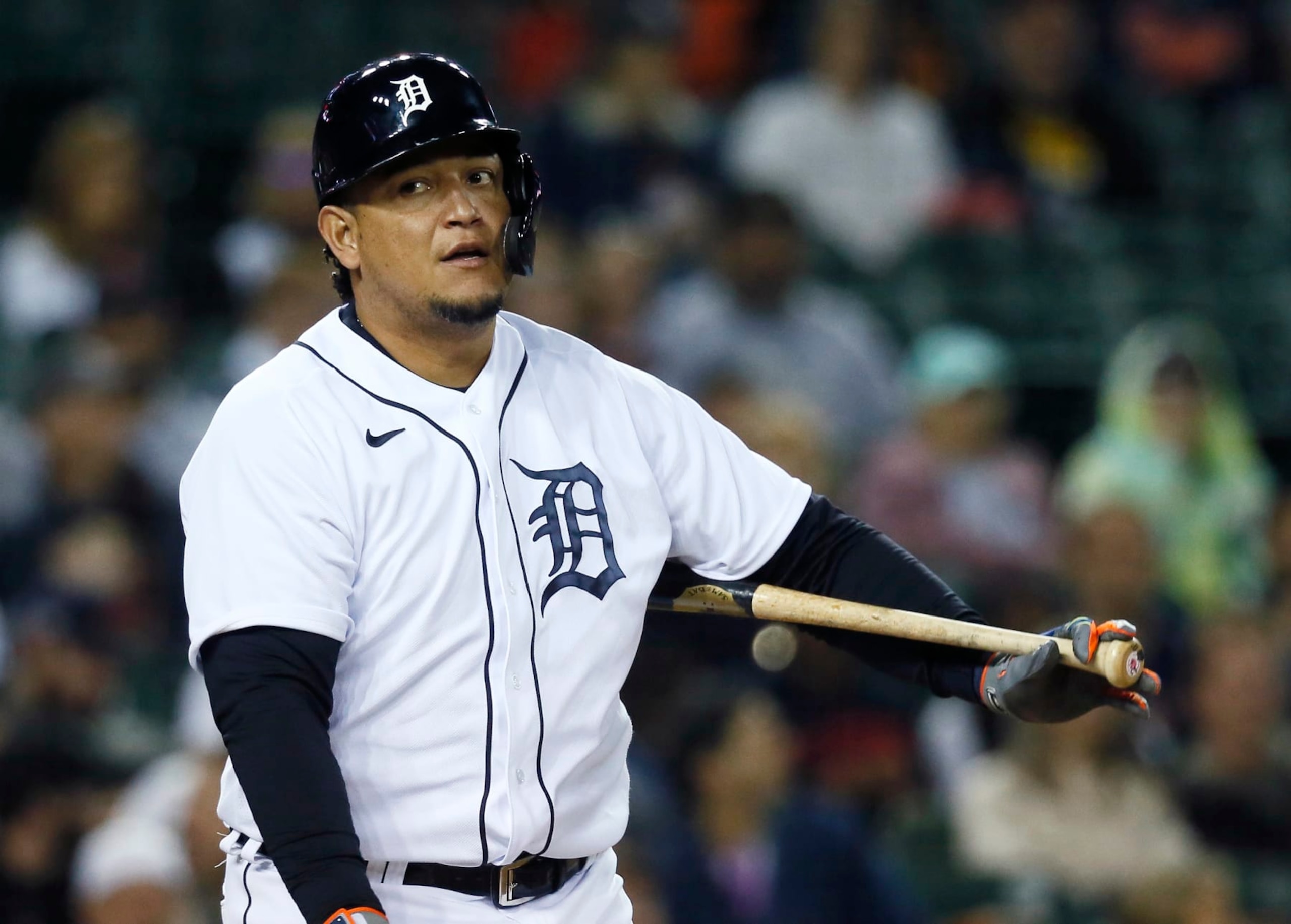 DETROIT, MI -  SEPTEMBER 30:  Miguel Cabrera #24 of the Detroit Tigers reacts after striking out against the Minnesota Twins during the fourth inning at Comerica Park on September 30, 2022, in Detroit, Michigan. (Photo by Duane Burleson/Getty Images)