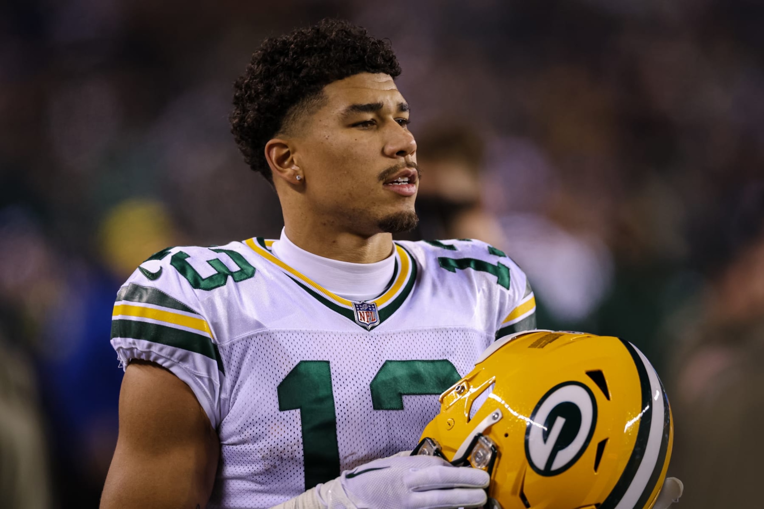PHILADELPHIA, PA - NOVEMBER 27: Allen Lazard #13 of the Green Bay Packers looks on against the Philadelphia Eagles uring the second half at Lincoln Financial Field on November 27, 2022 in Philadelphia, Pennsylvania. (Photo by Scott Taetsch/Getty Images)