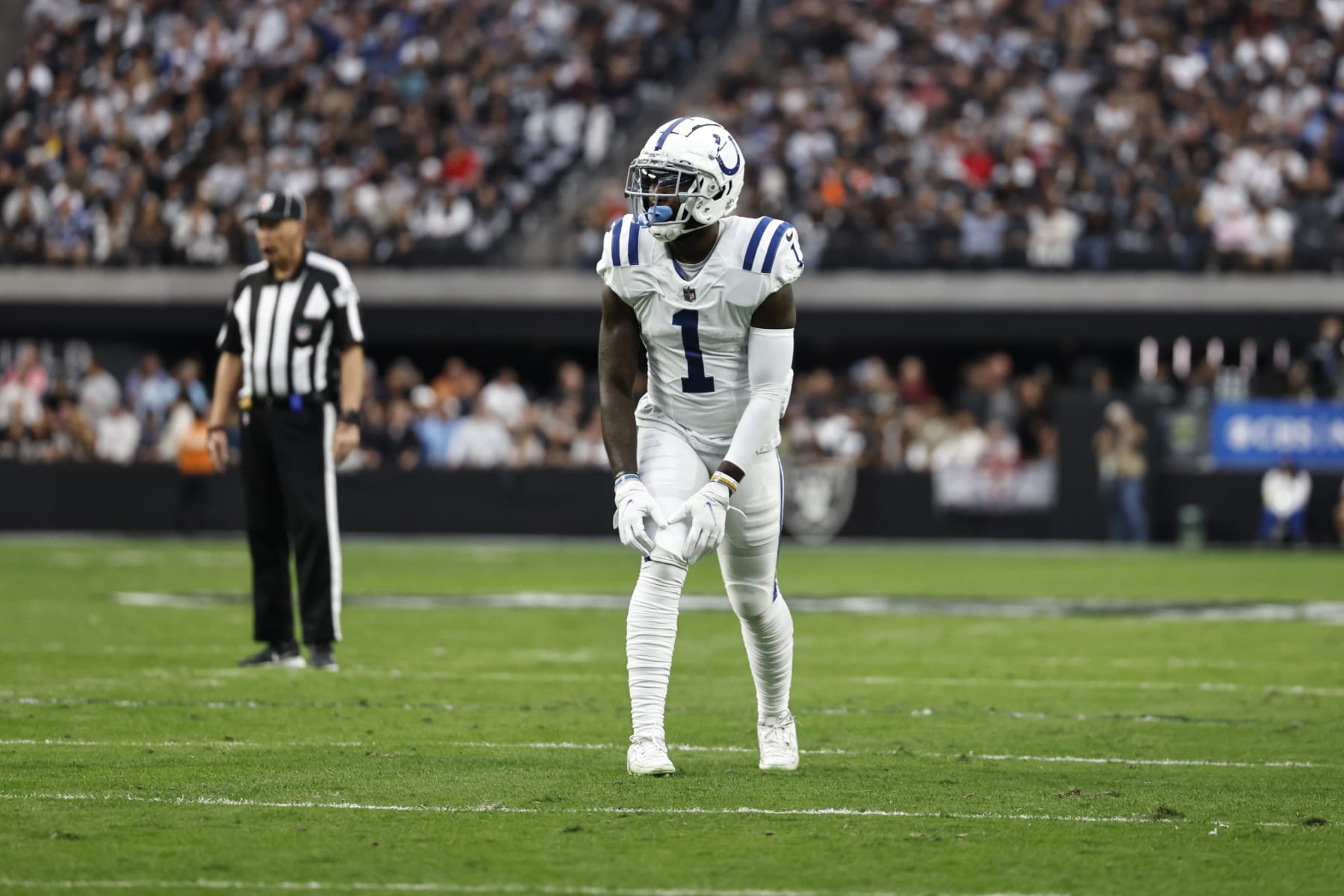 LAS VEGAS, NEVADA - NOVEMBER 13: Parris Campbell #1 of the Indianapolis Colts lines up during an NFL game between the Las Vegas Raiders and the Indianapolis Colts at Allegiant Stadium on November 13, 2022 in Las Vegas, Nevada. (Photo by Michael Owens/Getty Images)