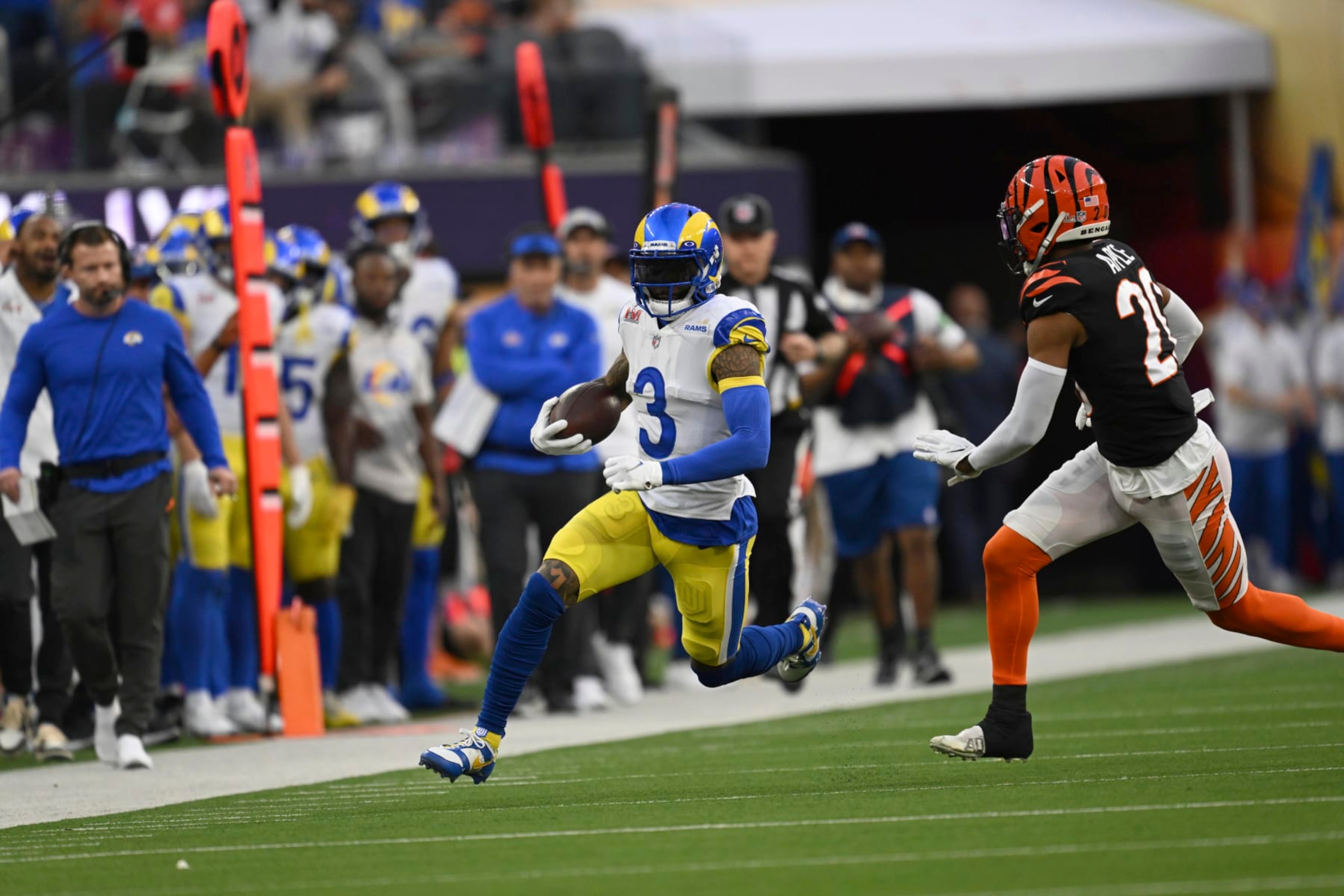 Football: Super Bowl LVI: Los Angeles Rams Odell Beckham Jr. (3) in action vs Cincinnati Bengals at SoFi Stadium. Inglewood, CA 2/13/2022 CREDIT: John W. McDonough (Photo by John W. McDonough/Sports Illustrated via Getty Images) (Set Number: X163970 TK1) Football: Super Bowl LVI: Los Angeles Rams Odell Beckham Jr. (3) in action vs Cincinnati Bengals at SoFi Stadium. Inglewood, CA 2/13/2022 CREDIT: John W. McDonough (Photo by John W. McDonough/Sports Illustrated via Getty Images) (Set Number: X163970 TK1)