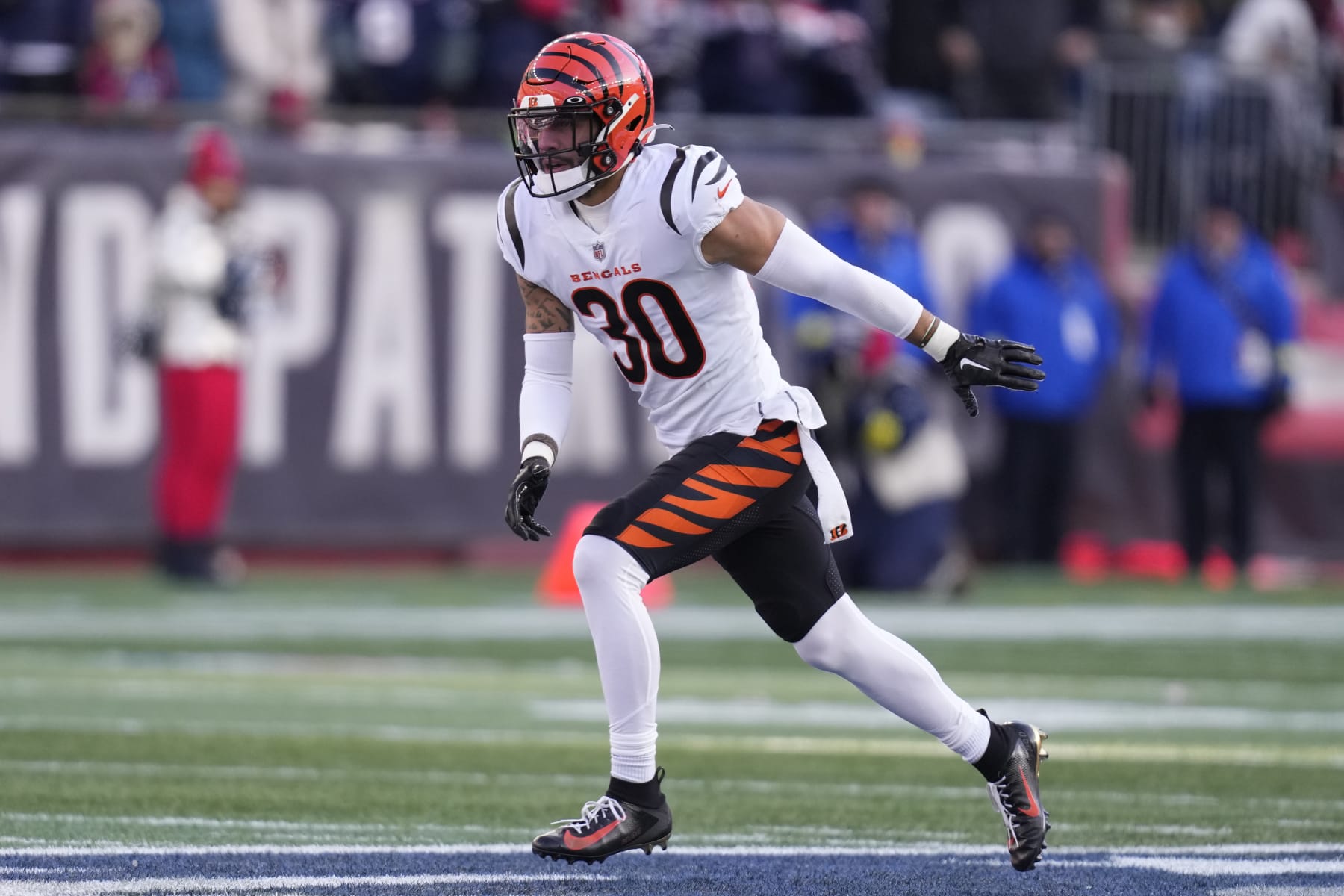 Cincinnati Bengals safety Jessie Bates III (30) during the first half of an NFL football game, Saturday, Dec. 24, 2022, in Foxborough, Mass. (AP Photo/Charles Krupa)
