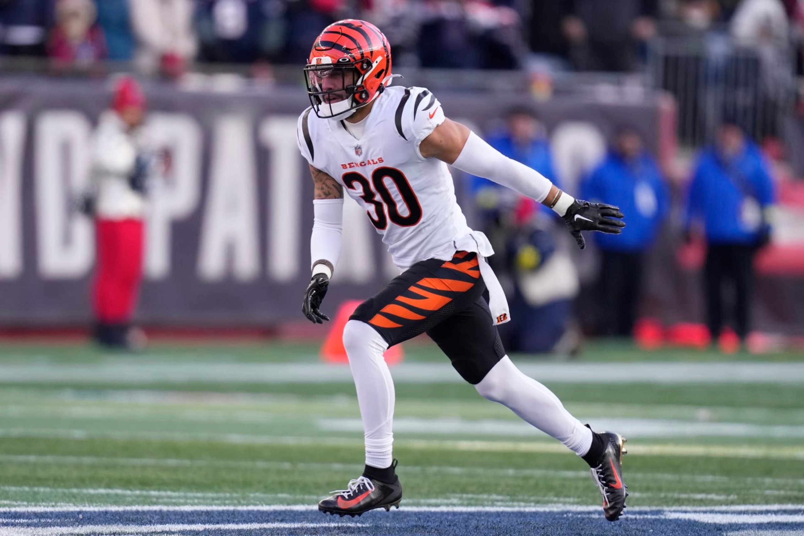 Cincinnati Bengals safety Jessie Bates III (30) during the first half of an NFL football game, Saturday, Dec. 24, 2022, in Foxborough, Mass. (AP Photo/Charles Krupa)