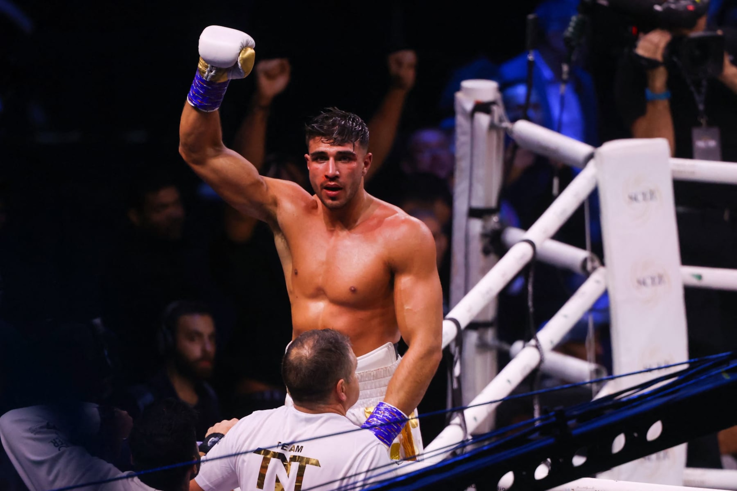 British reality TV star Tommy Fury celebrates after he won by split decision against US YouTuber Jake Paul in a boxing match held at Diriyah in Riyadh, Saudi Arabia on February 27, 2023. (Photo by Fayez Nureldine / AFP) (Photo by FAYEZ NURELDINE/AFP via Getty Images) British reality TV star Tommy Fury celebrates after he won by split decision against US YouTuber Jake Paul in a boxing match held at Diriyah in Riyadh, Saudi Arabia on February 27, 2023. (Photo by Fayez Nureldine / AFP) (Photo by FAYEZ NURELDINE/AFP via Getty Images)