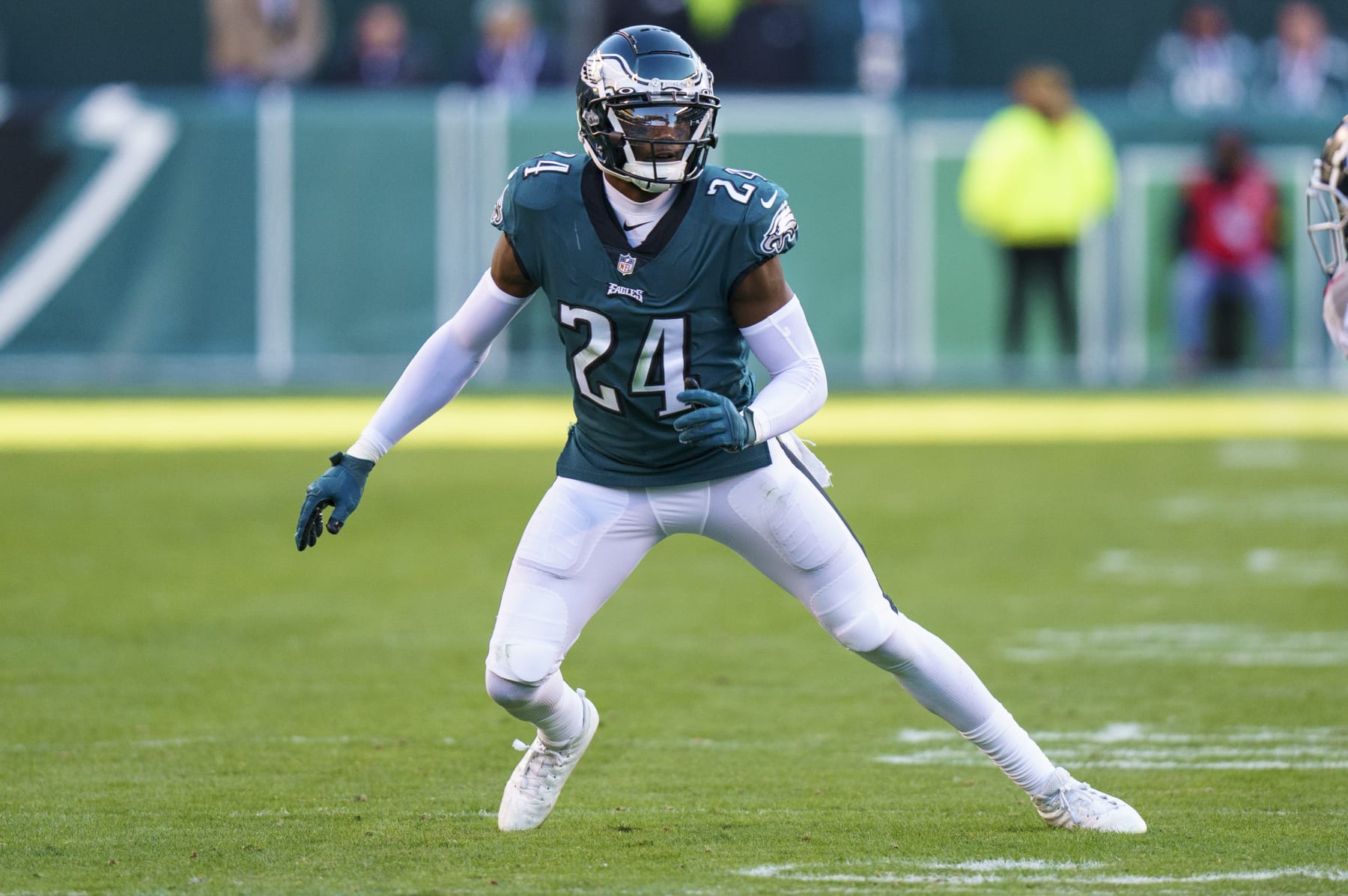 Philadelphia Eagles cornerback James Bradberry (24) in action during the NFL football game against the Tennessee Titans, Sunday, Dec. 4, 2022, in Philadelphia. (AP Photo/Chris Szagola)
