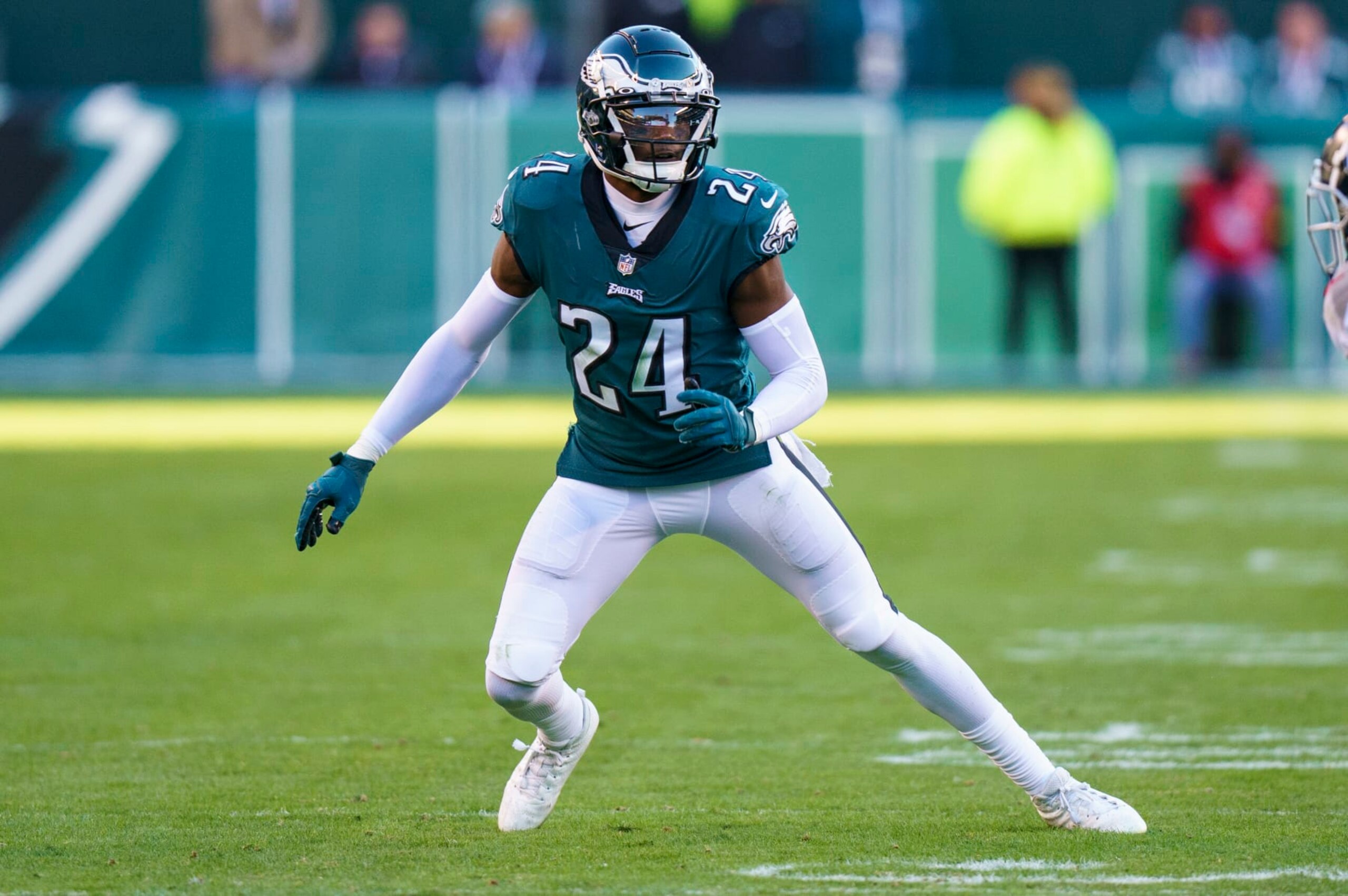 Philadelphia Eagles cornerback James Bradberry (24) in action during the NFL football game against the Tennessee Titans, Sunday, Dec. 4, 2022, in Philadelphia. (AP Photo/Chris Szagola)