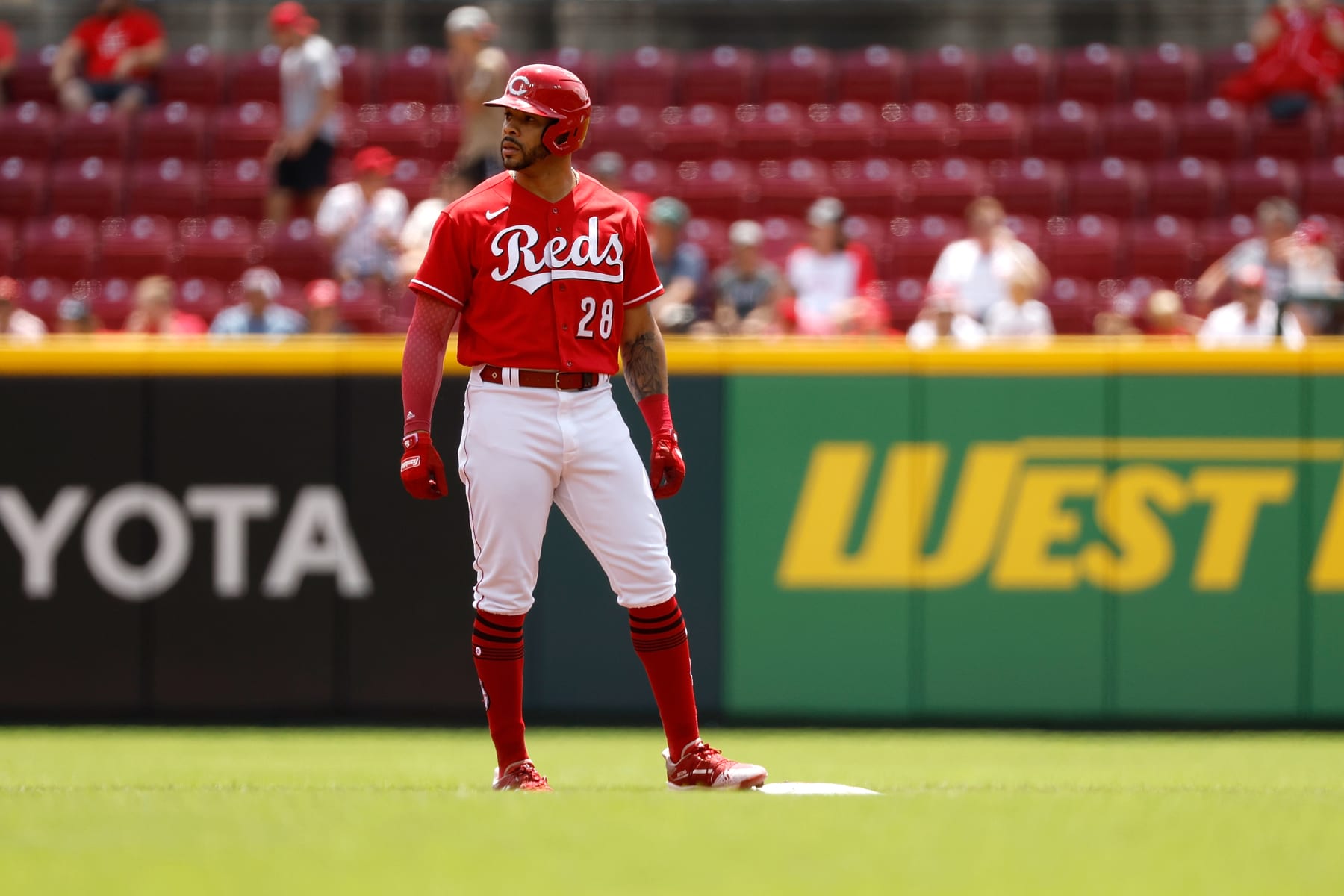 CINCINNATI, OH - JULY 28:  Tommy Pham #28 of the Cincinnati Reds stands on second base during the game against the Miami Marlins at Great American Ball Park on July 28, 2022 in Cincinnati, Ohio. (Photo by Kirk Irwin/Getty Images)