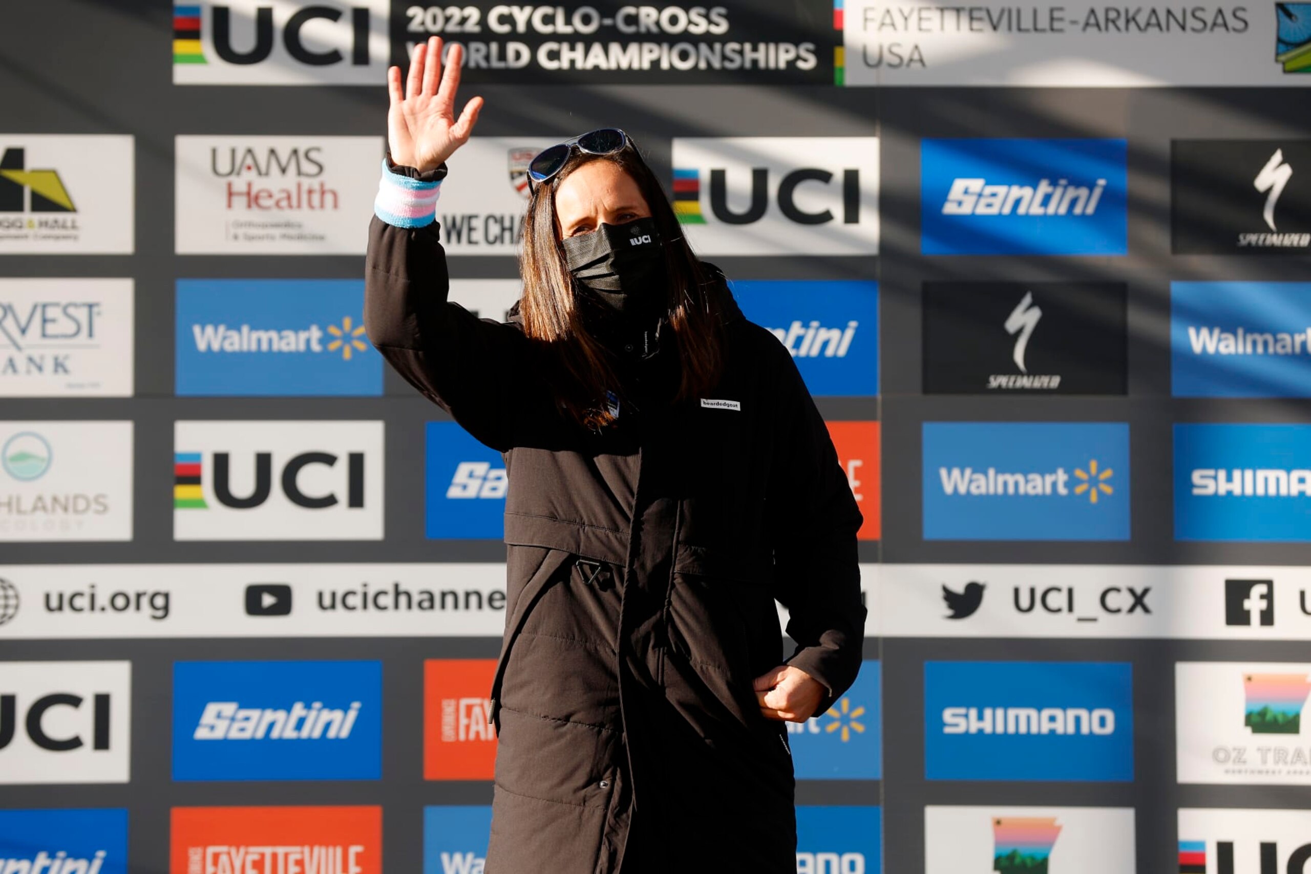 FAYETTEVILLE, ARKANSAS - JANUARY 30: Katerina Nash on the podium ceremony after the 73rd UCI Cyclo-Cross World Championships Fayetteville 2022 - Men's Elite / #Fayetteville2022 / on January 30, 2022 in Fayetteville, Arkansas. (Photo by Chris Graythen/Getty Images)