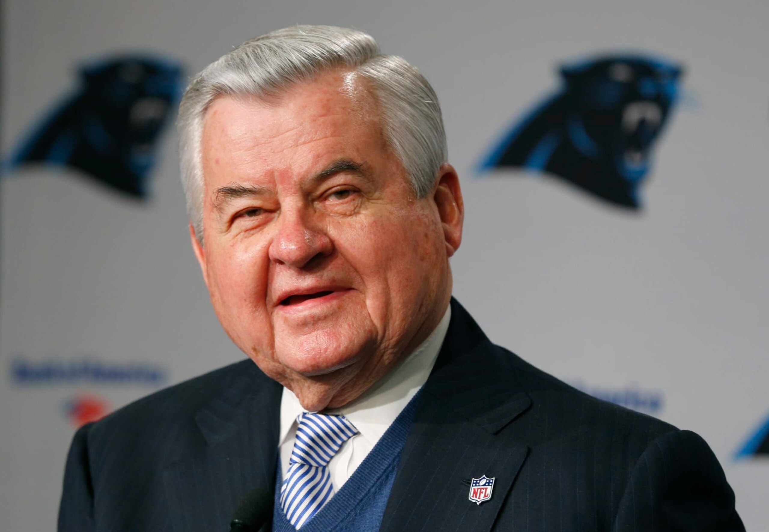 FILE - In this Jan. 15, 2013, file photo, Carolina Panthers owner Jerry Richardson speaks during a news conference for the NFL football team in Charlotte, N.C. People familiar with the situation say hedge fund manager David Tepper has agreed to buy the Panthers from Richardson for a record $2.2 billion. The people spoke to The Associated Press on Tuesday, May 15, 2018, on condition of anonymity because the team has not yet announced the sale. The purchase is subject to a vote at the NFL owners meeting next week in Atlanta. (AP Photo/Chuck Burton, File) FILE - In this Jan. 15, 2013, file photo, Carolina Panthers owner Jerry Richardson speaks during a news conference for the NFL football team in Charlotte, N.C. People familiar with the situation say hedge fund manager David Tepper has agreed to buy the Panthers from Richardson for a record $2.2 billion. The people spoke to The Associated Press on Tuesday, May 15, 2018, on condition of anonymity because the team has not yet announced the sale. The purchase is subject to a vote at the NFL owners meeting next week in Atlanta. (AP Photo/Chuck Burton, File)