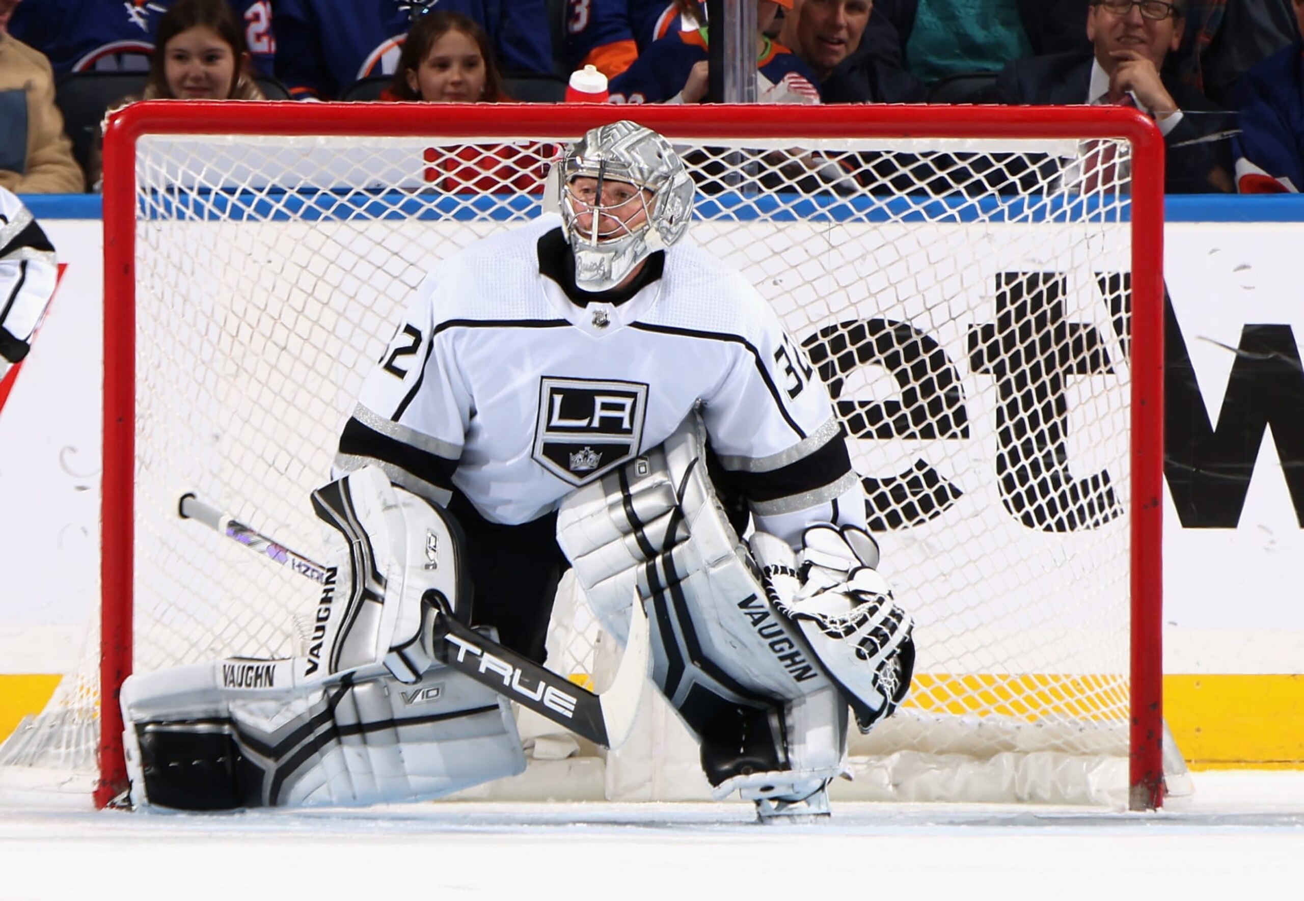 ELMONT, NEW YORK - FEBRUARY 24: Jonathan Quick #32 of the Los Angeles Kings skates against the New York Islanders at the UBS Arena on February 24, 2023 in Elmont, New York. (Photo by Bruce Bennett/Getty Images)