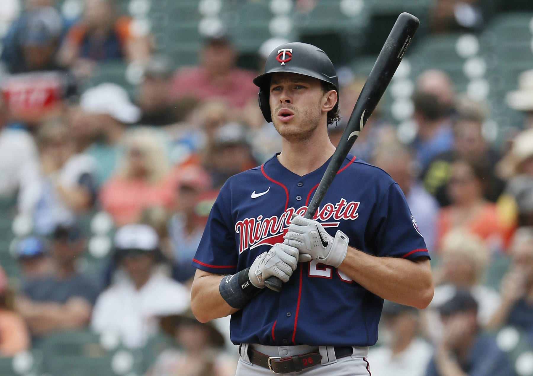 DETROIT, MI -  JULY 24:  Max Kepler #26 of the Minnesota Twins during an at-bat against the Detroit Tigers in the first inning at Comerica Park on July 24, 2022, in Detroit, Michigan. (Photo by Duane Burleson/Getty Images)