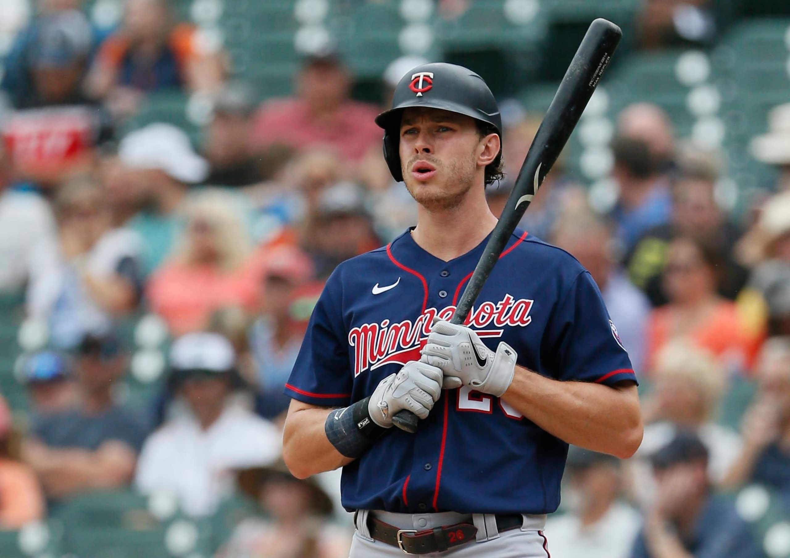 DETROIT, MI -  JULY 24:  Max Kepler #26 of the Minnesota Twins during an at-bat against the Detroit Tigers in the first inning at Comerica Park on July 24, 2022, in Detroit, Michigan. (Photo by Duane Burleson/Getty Images)