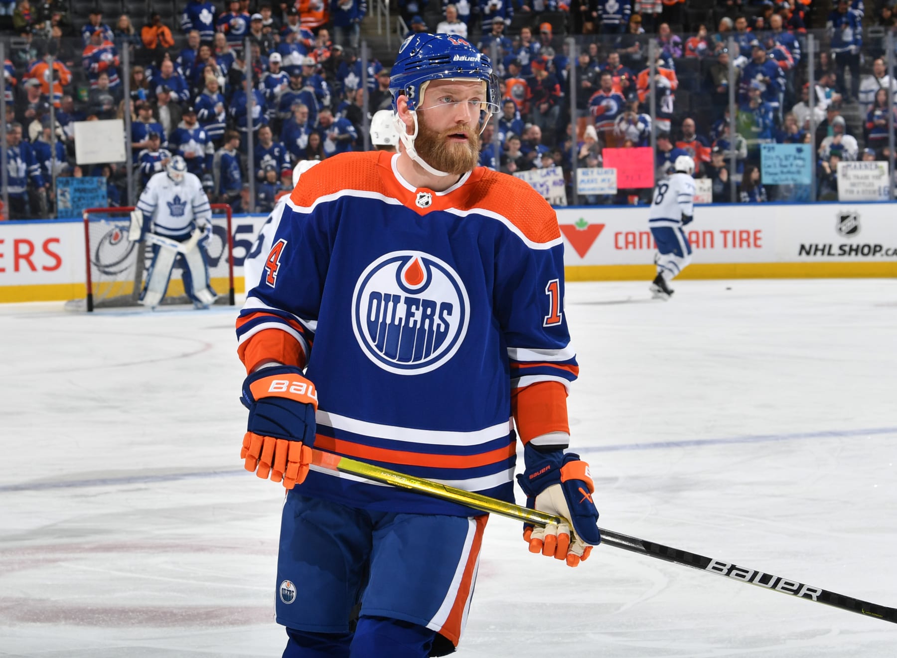 Mattias Ekholm warms up before his first game with the Edmonton Oilers after being traded by the Nashville Predators.