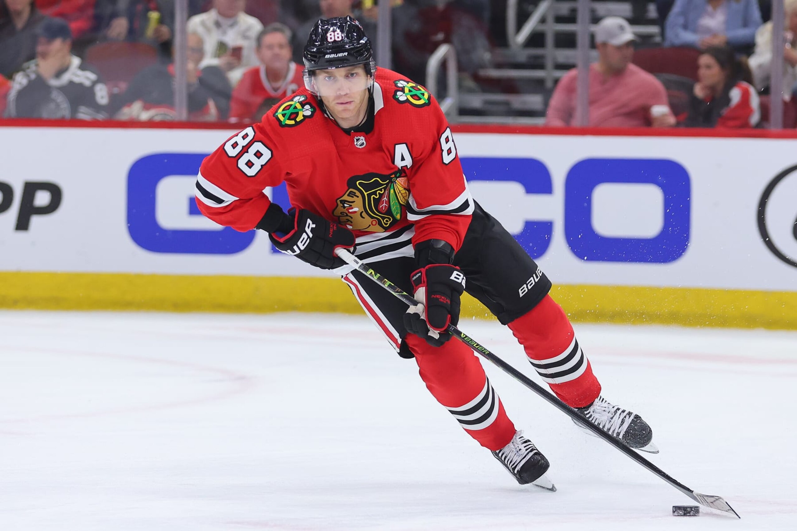 CHICAGO, ILLINOIS - FEBRUARY 21: Patrick Kane #88 of the Chicago Blackhawks controls the puck against the Vegas Golden Knights during the first period at United Center on February 21, 2023 in Chicago, Illinois. (Photo by Michael Reaves/Getty Images) CHICAGO, ILLINOIS - FEBRUARY 21: Patrick Kane #88 of the Chicago Blackhawks controls the puck against the Vegas Golden Knights during the first period at United Center on February 21, 2023 in Chicago, Illinois. (Photo by Michael Reaves/Getty Images)