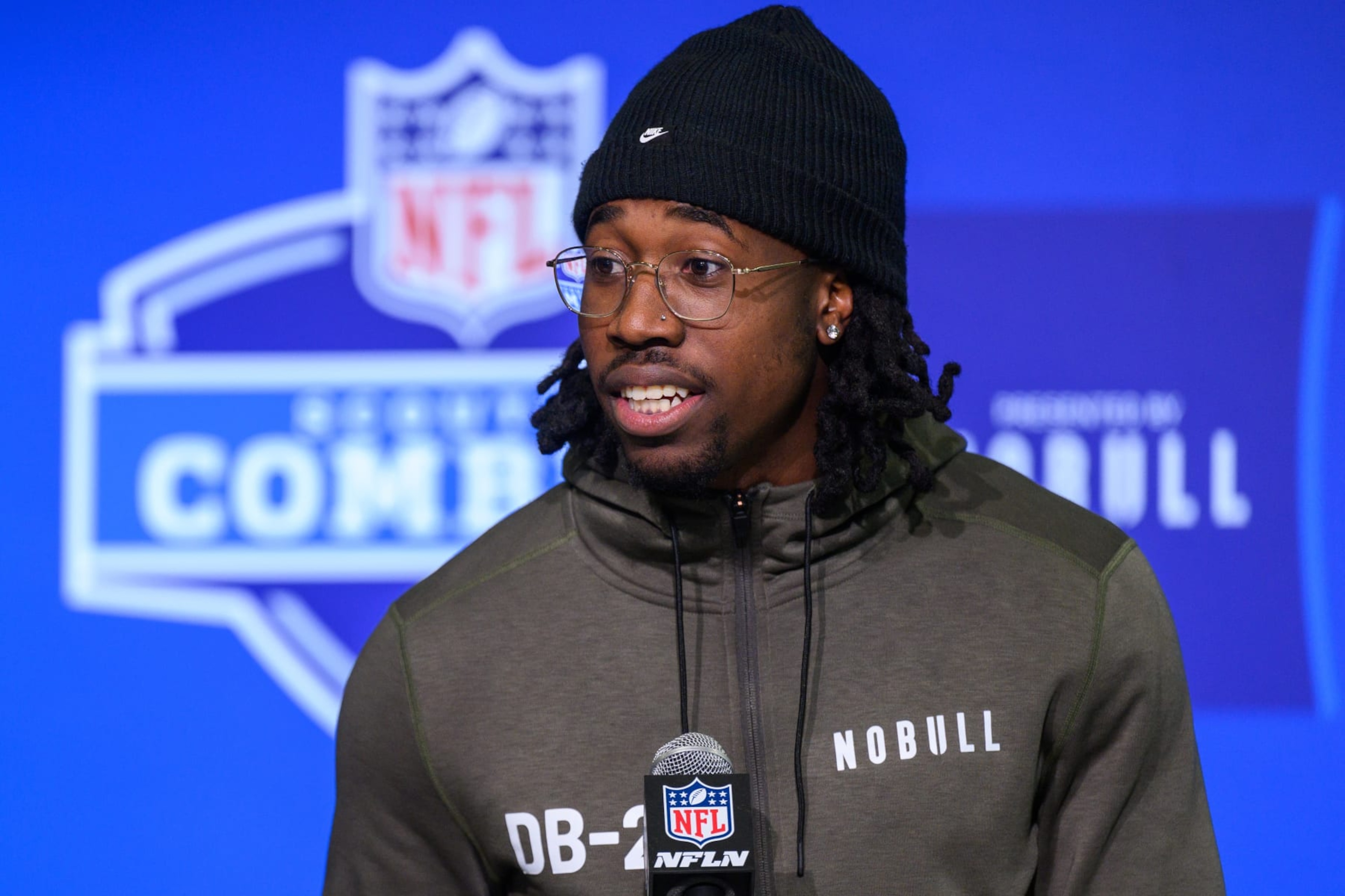 INDIANAPOLIS, IN - MARCH 02: Penn State defensive back Joey Porter Jr. answers questions from the media during the NFL Scouting Combine on March 2, 2023, at the Indiana Convention Center in Indianapolis, IN. (Photo by Zach Bolinger/Icon Sportswire via Getty Images)