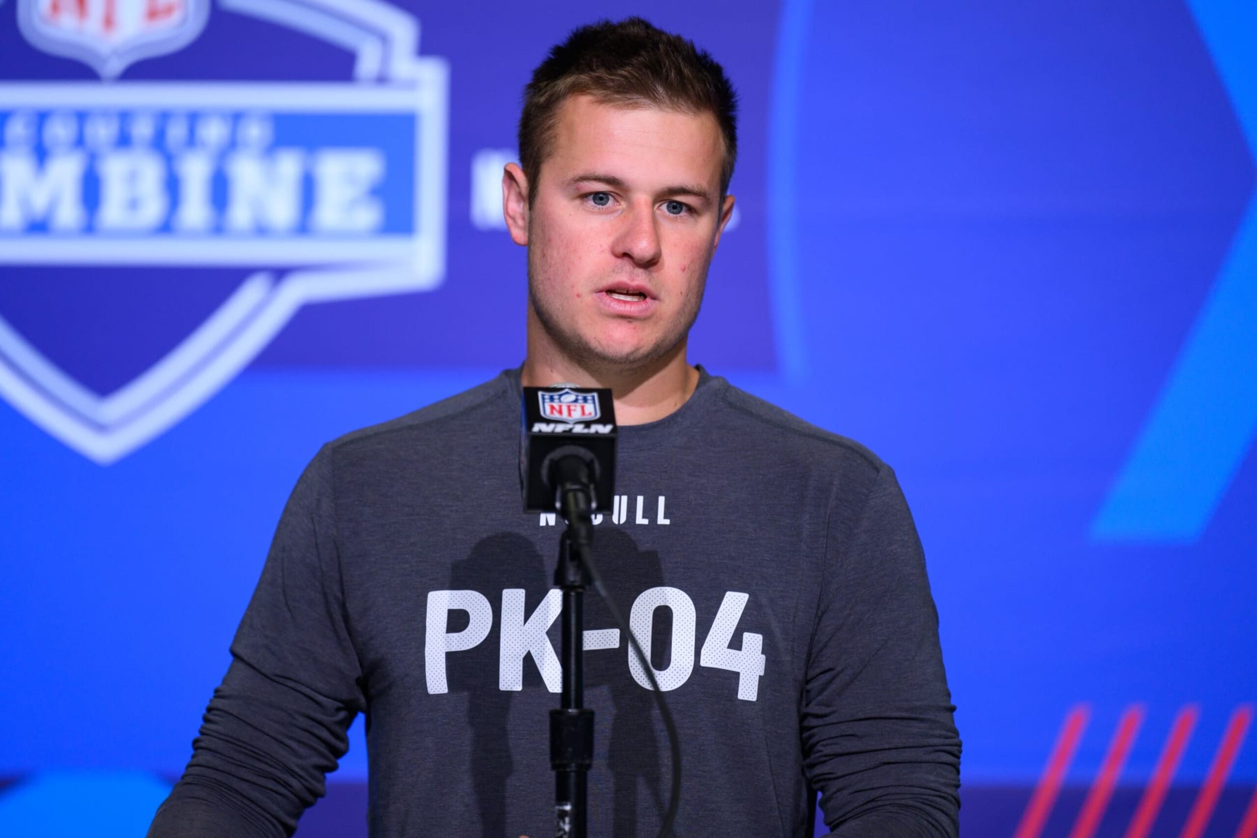 INDIANAPOLIS, IN - MARCH 02: N.C. State kicker Christopher Dunn answers questions from the media during the NFL Scouting Combine on March 2, 2023, at the Indiana Convention Center in Indianapolis, IN. (Photo by Zach Bolinger/Icon Sportswire via Getty Images)