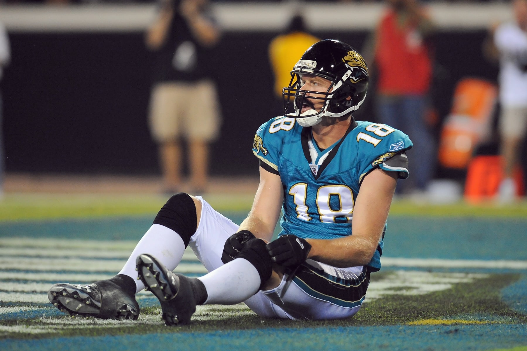 JACKSONVILLE, FL - OCTOBER 05:  Matt Jones #18 of the Jacksonville Jaguars sits on the field during the game against the Pittsburgh Steelers at Jacksonville Municipal Stadium on October 5, 2008 in Jacksonville, Florida.  (Photo by Sam Greenwood/Getty Images)