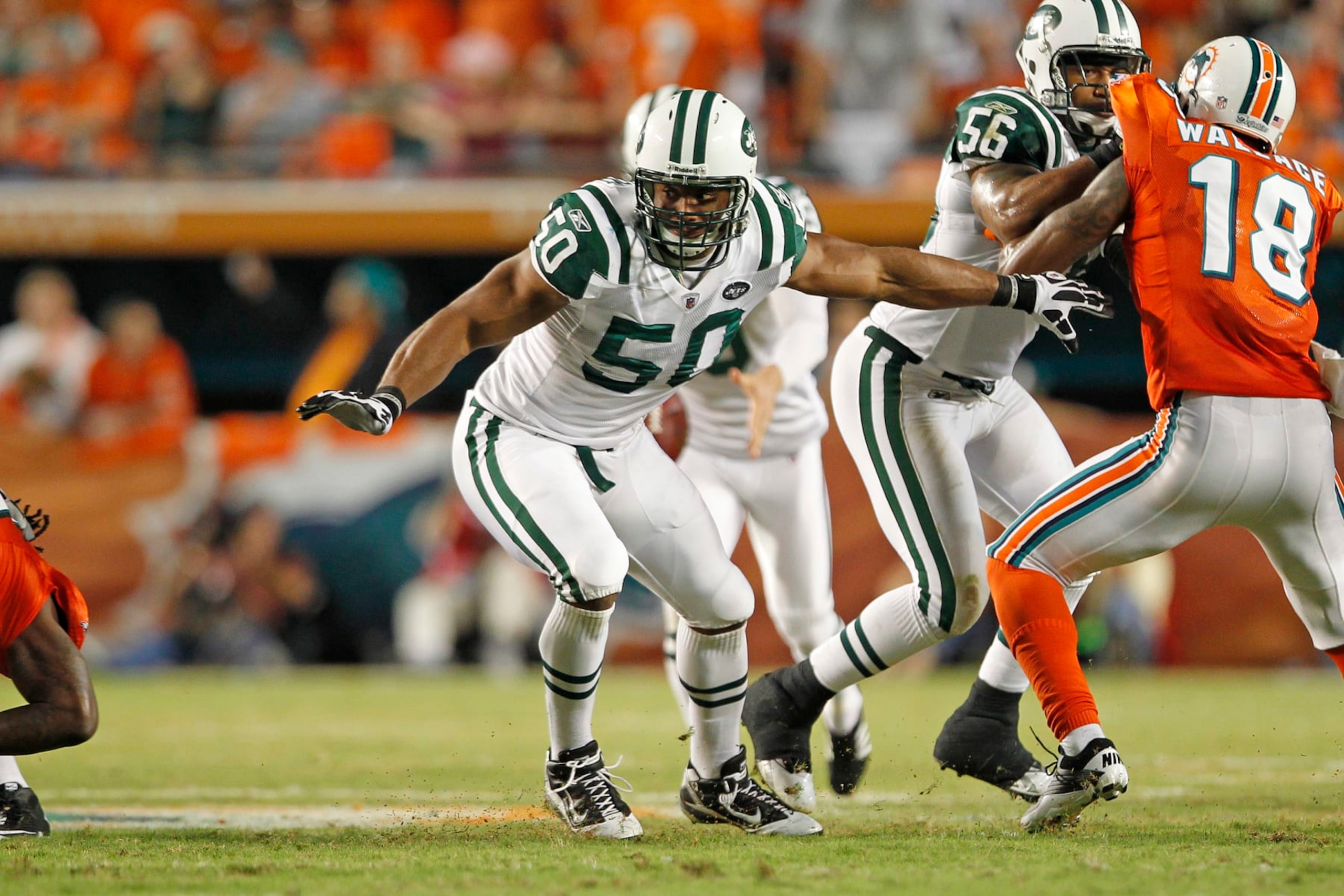MIAMI, FL - SEPTEMBER 26: Vernon Gholston #50 of the New York Jets plays defense against the Miami Dolphins on September 26, 2010 at Sun Life Stadium in Miami, Florida. The Jets defeated the Dolphins 31-23. (Photo by Joel Auerbach/Getty Images)