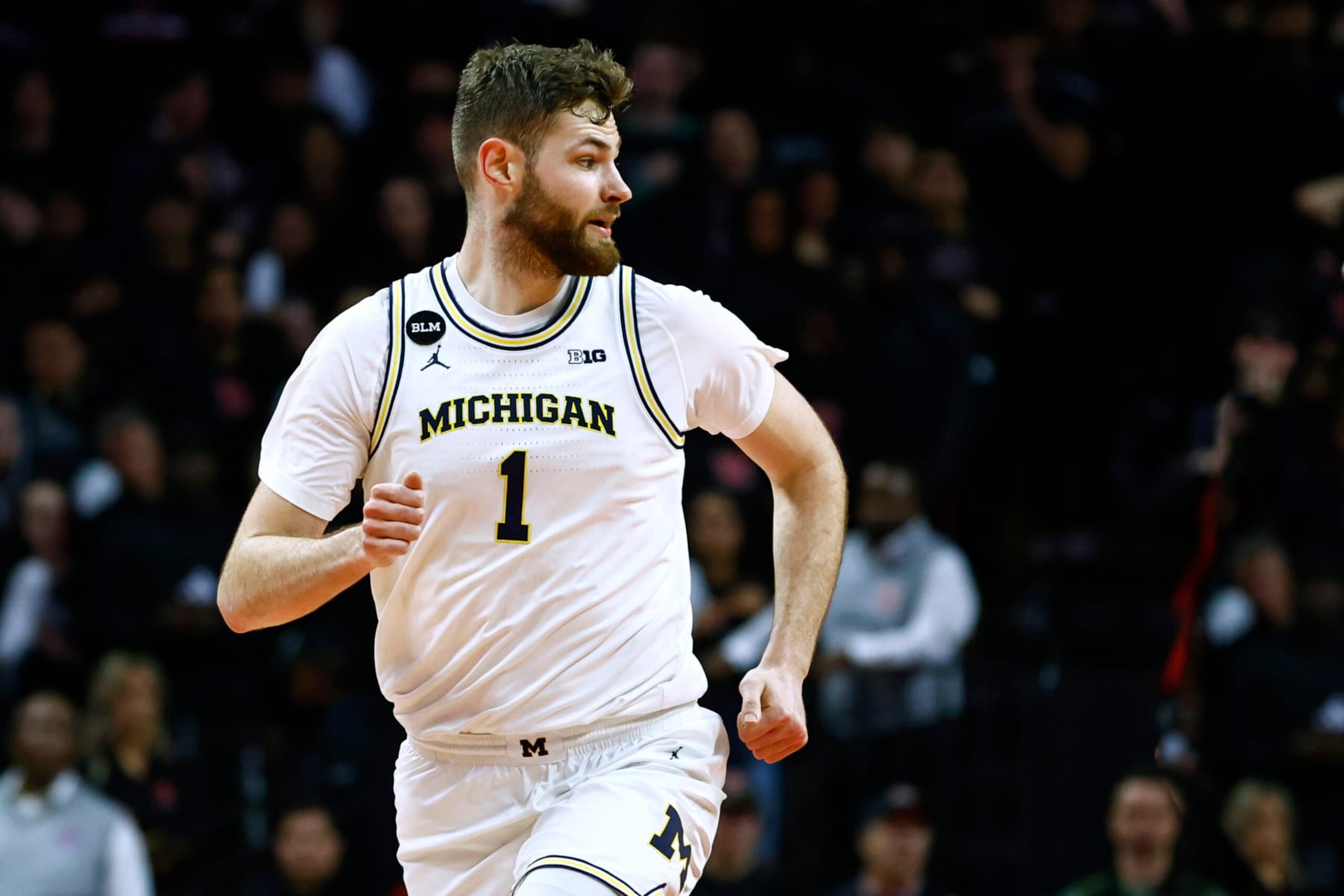 PISCATAWAY, NJ - FEBRUARY 23: Hunter Dickinson #1 of the Michigan Wolverines in action during a game against the Rutgers Scarlet Knights at Jersey Mike's Arena on February 23, 2023 in Piscataway, New Jersey. (Photo by Rich Schultz/Getty Images)