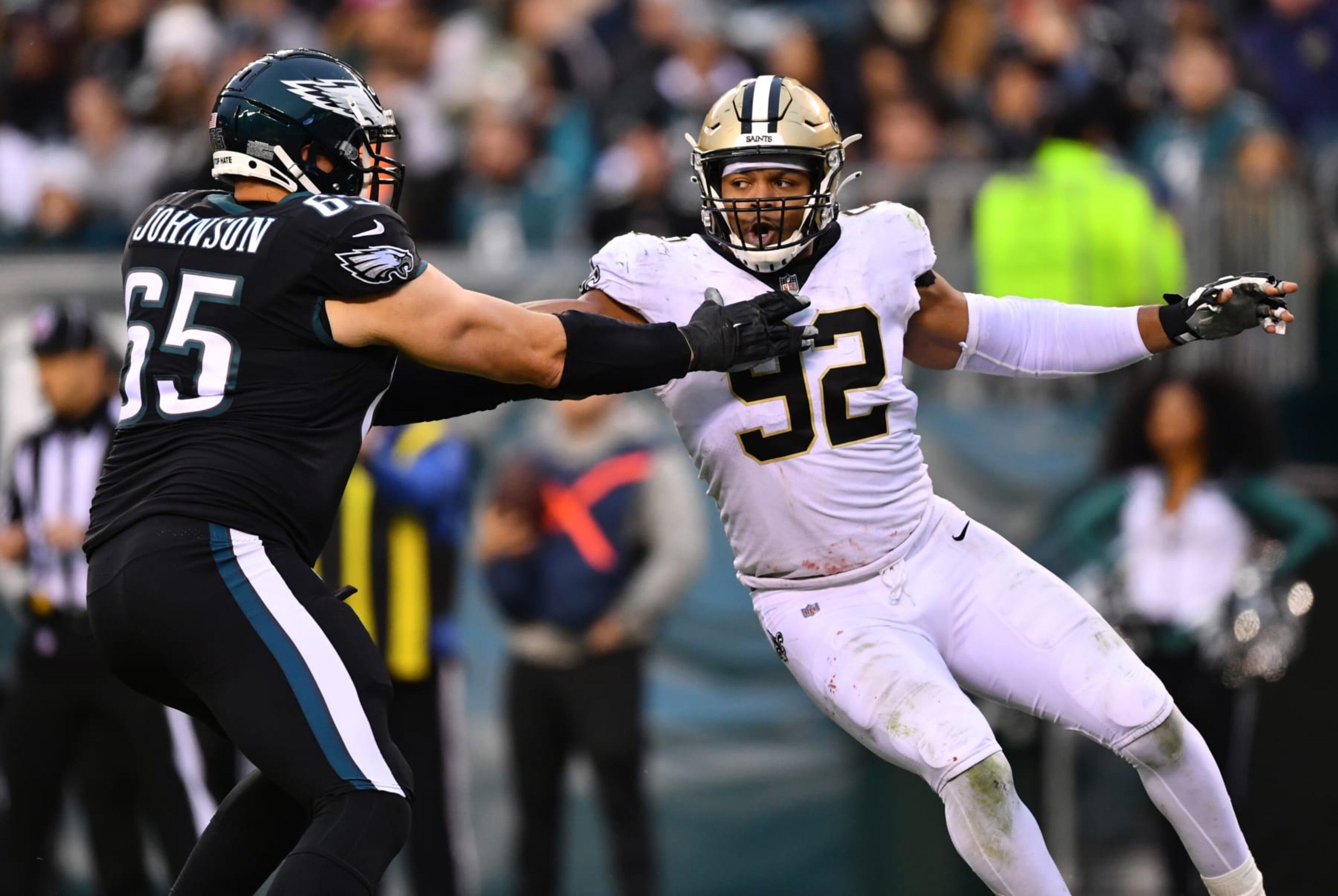 PHILADELPHIA, PA - NOVEMBER 21: New Orleans Saints Defensive End Marcus Davenport (92) rushes against Philadelphia Eagles Offensive Tackle Lane Johnson (65) in the second half during the game between the New Orleans Saints and Philadelphia Eagles on November 21, 2021 at Lincoln Financial Field in Philadelphia, PA. (Photo by Kyle Ross/Icon Sportswire via Getty Images) PHILADELPHIA, PA - NOVEMBER 21: New Orleans Saints Defensive End Marcus Davenport (92) rushes against Philadelphia Eagles Offensive Tackle Lane Johnson (65) in the second half during the game between the New Orleans Saints and Philadelphia Eagles on November 21, 2021 at Lincoln Financial Field in Philadelphia, PA. (Photo by Kyle Ross/Icon Sportswire via Getty Images)