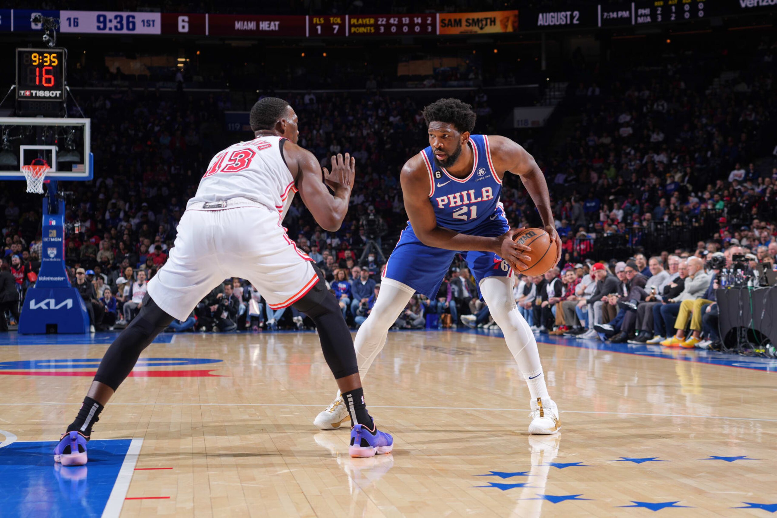 PHILADELPHIA, PA - FEBRUARY 27: Joel Embiid #21 of the Philadelphia 76ers looks to drive against Bam Adebayo #13 of the Miami Heat on February 27, 2023 at the Wells Fargo Center in Philadelphia, Pennsylvania. NOTE TO USER: User expressly acknowledges and agrees that, by downloading and/or using this Photograph, user is consenting to the terms and conditions of the Getty Images License Agreement. Mandatory Copyright Notice: Copyright 2023 NBAE (Photo by Jesse D. Garrabrant/NBAE via Getty Images)