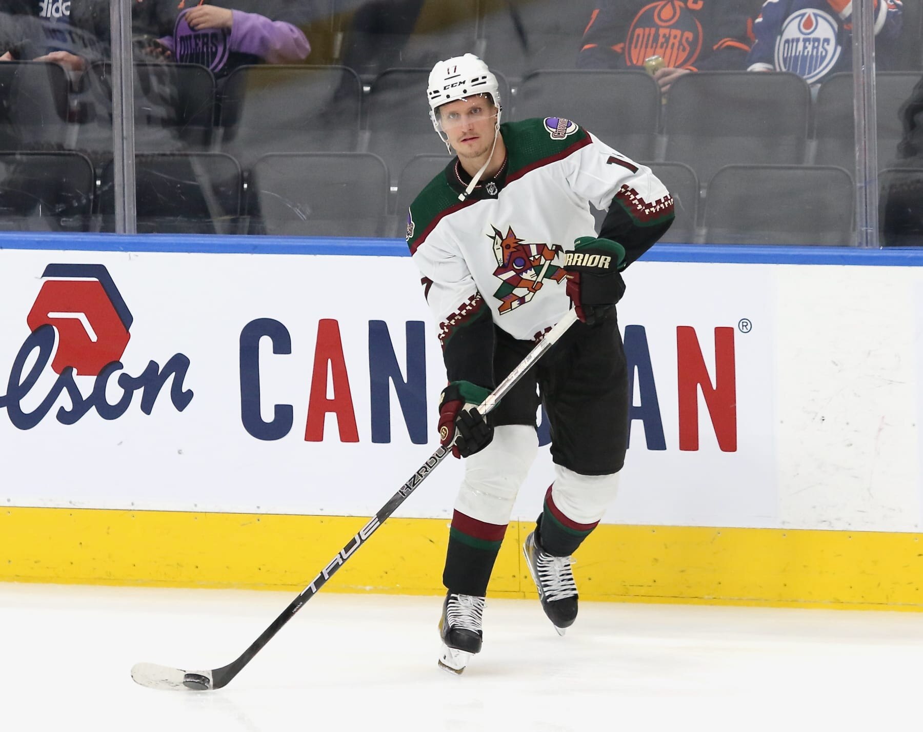 EDMONTON, CANADA - DECEMBER 7: Nick Bjugstad #17 of the Arizona Coyotes warms up prior to the game against the Edmonton Oilers on December 7, 2022 at Rogers Place in Edmonton, Alberta, Canada. (Photo by Lawrence Scott/Getty Images)