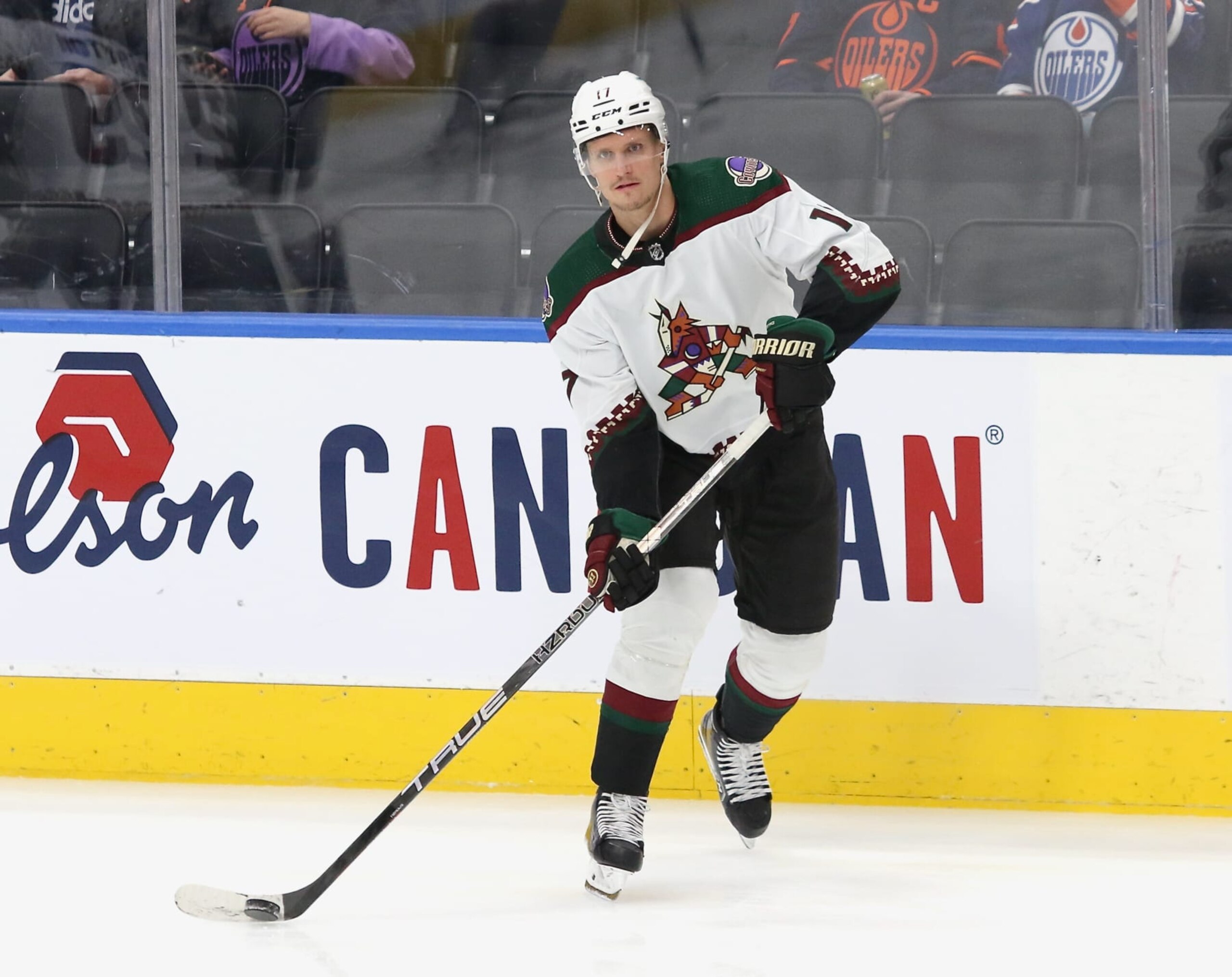 EDMONTON, CANADA - DECEMBER 7: Nick Bjugstad #17 of the Arizona Coyotes warms up prior to the game against the Edmonton Oilers on December 7, 2022 at Rogers Place in Edmonton, Alberta, Canada. (Photo by Lawrence Scott/Getty Images)