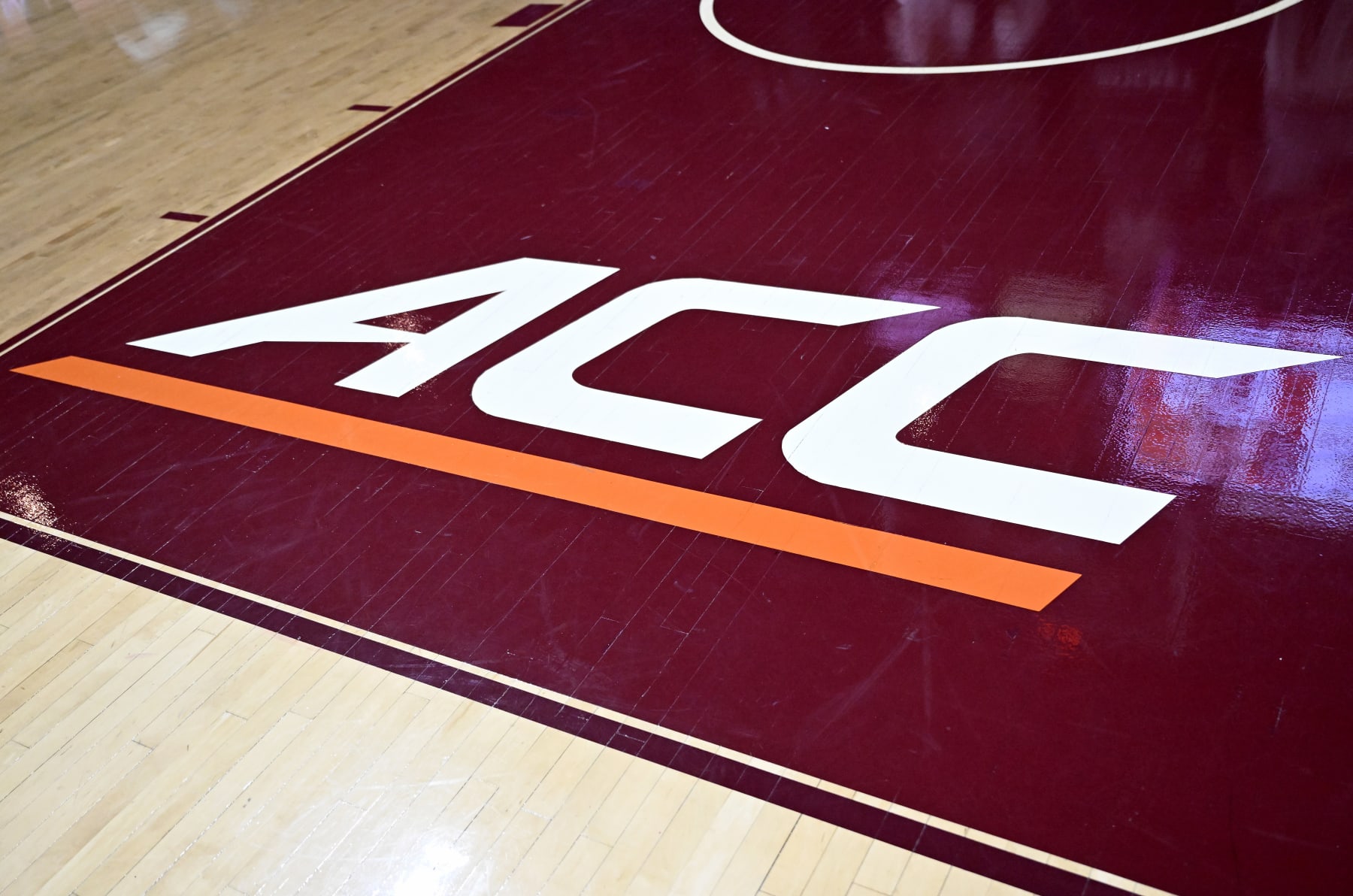 BLACKSBURG, VIRGINIA - JANUARY 22: A view of the ACC logo on the court at Cassell Coliseum after the game between the Virginia Tech Hokies and the Wake Forest Demon Deacons on January 22, 2023 in Blacksburg, Virginia. (Photo by G Fiume/Getty Images)