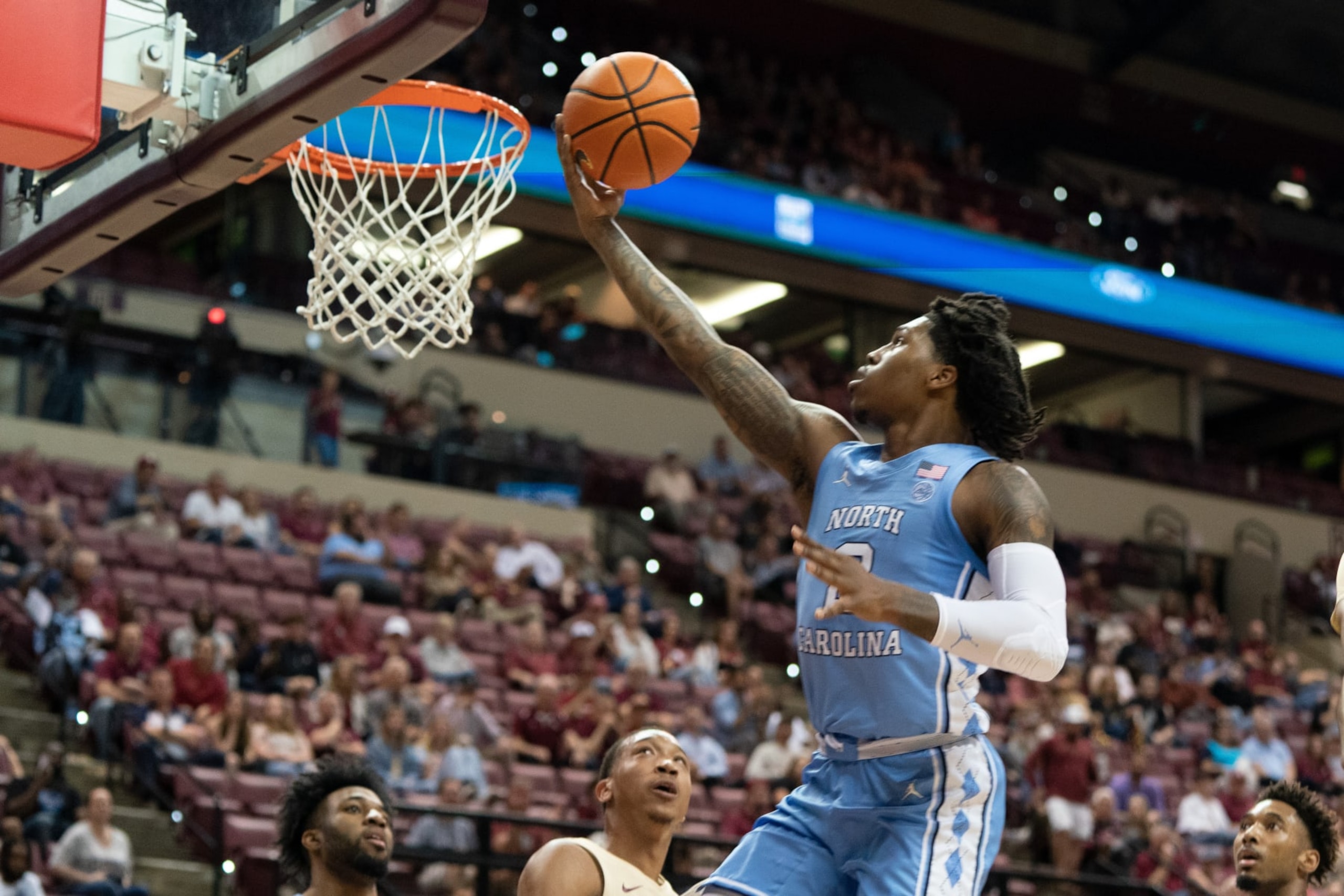 TALLAHASSEE, FL - FEBRUARY 27: North Carolina Tar Heels guard Caleb Love (2) attempts a lay up during a college basketball game against the Florida State Seminoles at the Civic Center in Tallahassee FL on February 27, 2023.(Photo by Chris Leduc/Icon Sportswire via Getty Images) TALLAHASSEE, FL - FEBRUARY 27: North Carolina Tar Heels guard Caleb Love (2) attempts a lay up during a college basketball game against the Florida State Seminoles at the Civic Center in Tallahassee FL on February 27, 2023.(Photo by Chris Leduc/Icon Sportswire via Getty Images)