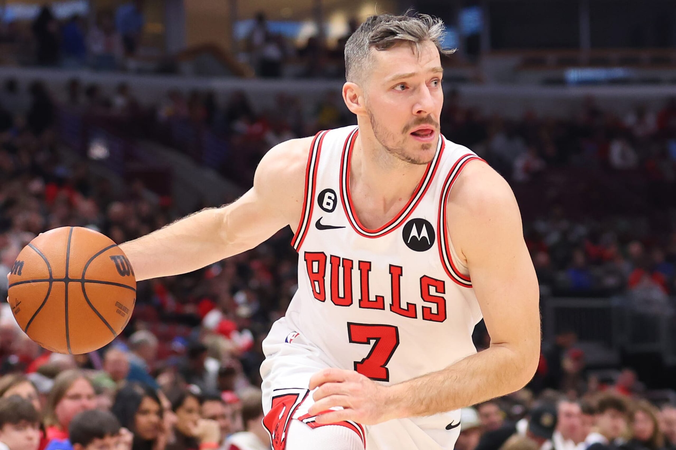 CHICAGO, ILLINOIS - JANUARY 15: Goran Dragic #7 of the Chicago Bulls dribbles against the Golden State Warriors during the first half at United Center on January 15, 2023 in Chicago, Illinois. NOTE TO USER: User expressly acknowledges and agrees that, by downloading and or using this photograph, User is consenting to the terms and conditions of the Getty Images License Agreement.  (Photo by Michael Reaves/Getty Images)