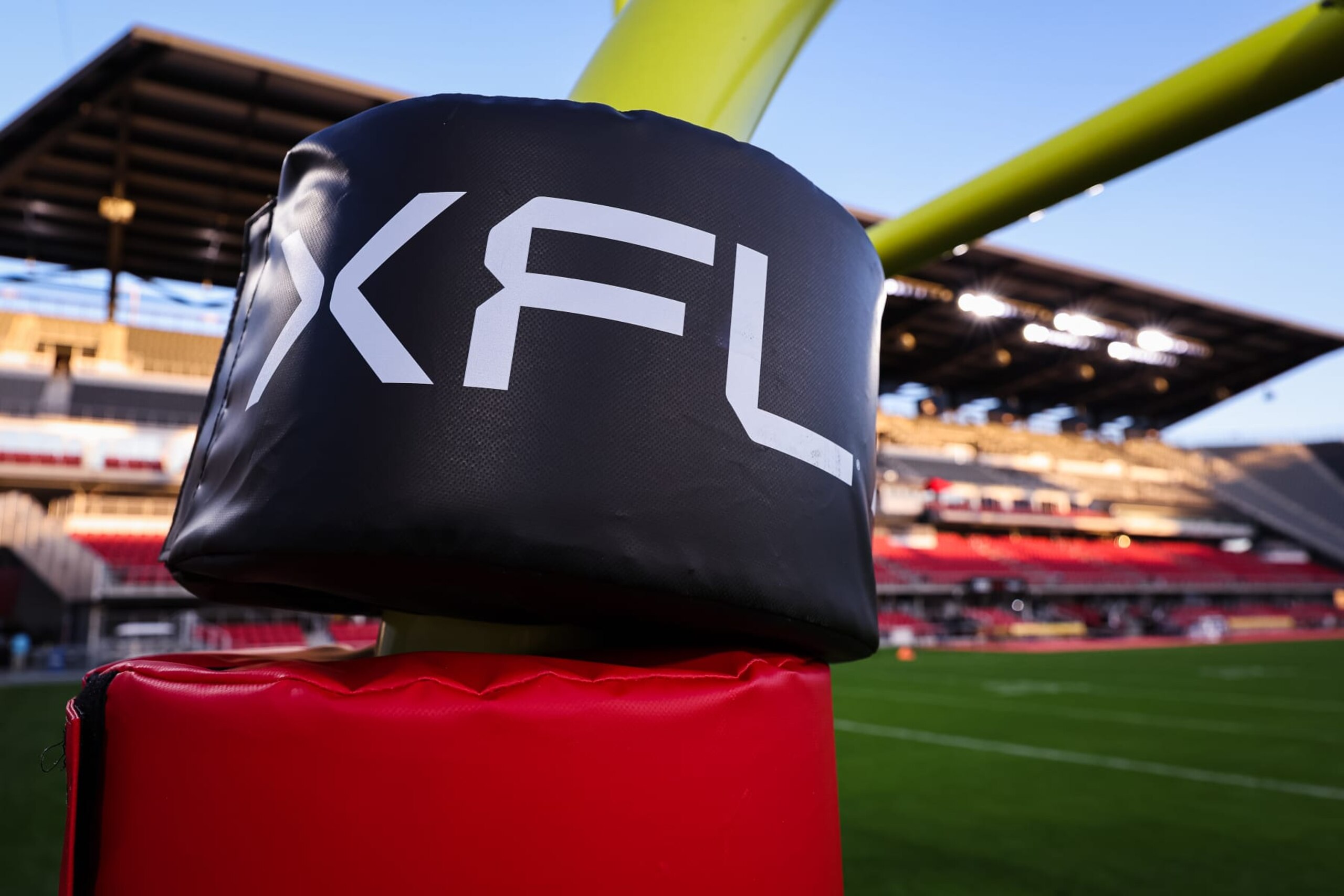 WASHINGTON, DC - FEBRUARY 19: A general view of the XFL logo on the goal post padding before the XFL game between the DC Defenders and the Seattle Sea Dragons at Audi Field on February 19, 2023 in Washington, DC. (Photo by Scott Taetsch/Getty Images)
