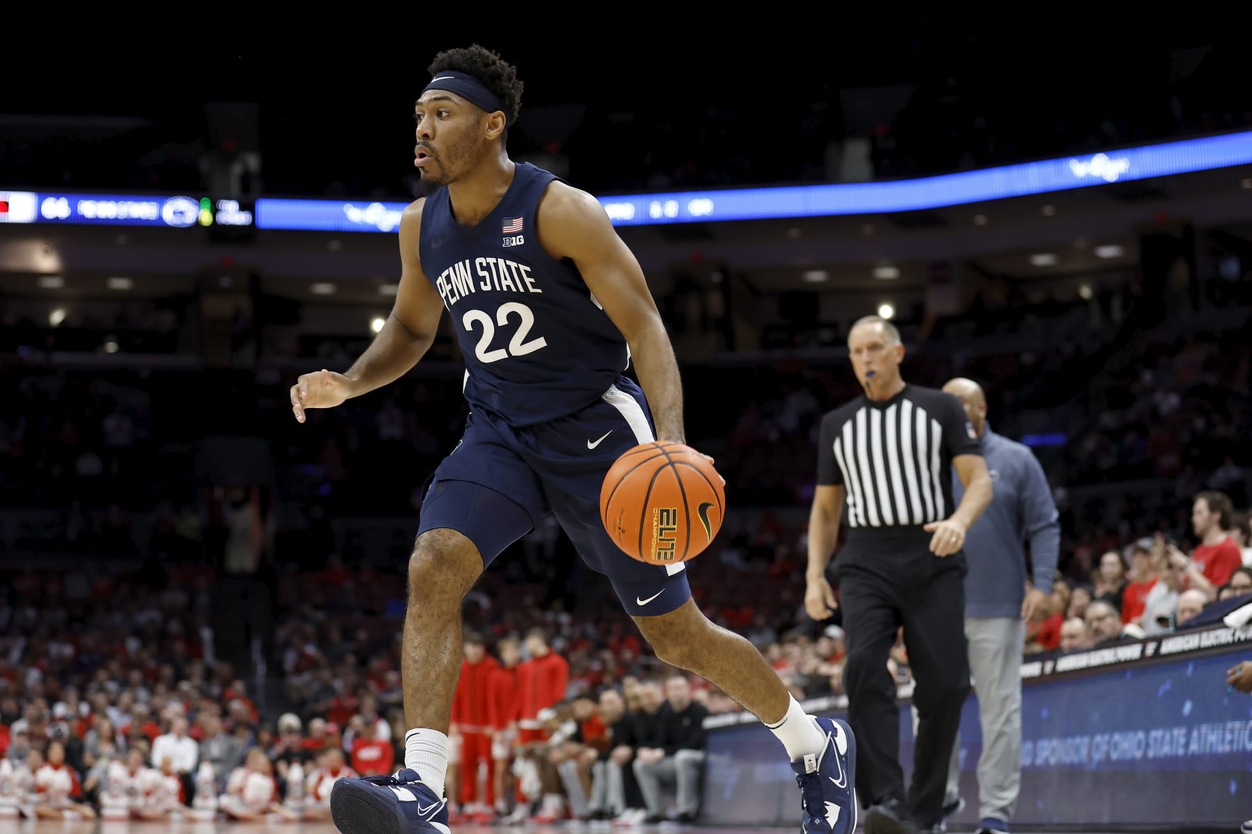COLUMBUS, OH - FEBRUARY 23:  Jalen Pickett #22 of the Penn State Nittany Lions drives the ball to the hoop during the game against the Ohio State Buckeyes at the Jerome Schottenstein Center on February 23, 2023 in Columbus, Ohio. Penn State defeated Ohio State 75-71. (Photo by Kirk Irwin/Getty Images)