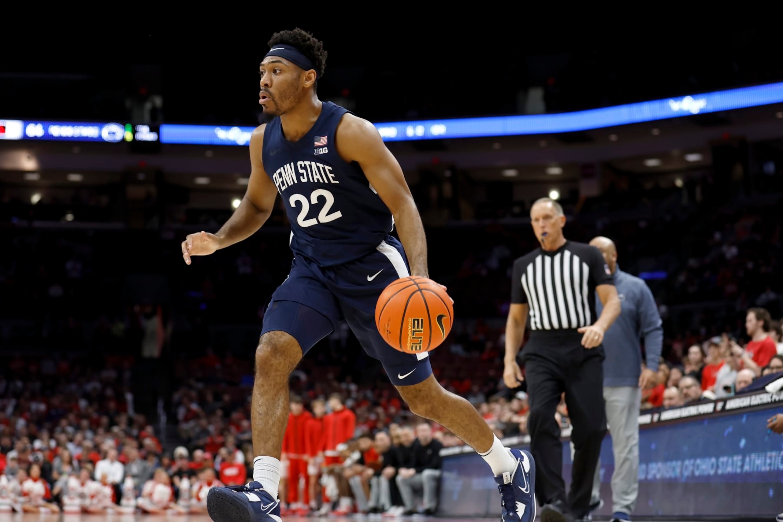 COLUMBUS, OH - FEBRUARY 23:  Jalen Pickett #22 of the Penn State Nittany Lions drives the ball to the hoop during the game against the Ohio State Buckeyes at the Jerome Schottenstein Center on February 23, 2023 in Columbus, Ohio. Penn State defeated Ohio State 75-71. (Photo by Kirk Irwin/Getty Images)