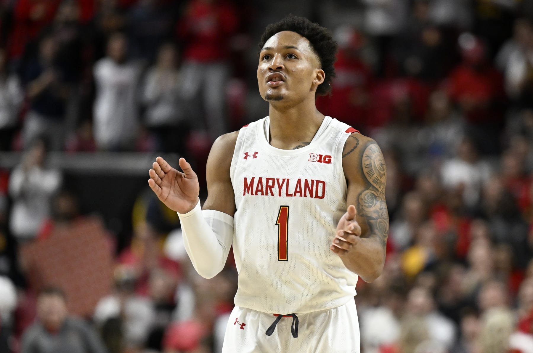 COLLEGE PARK, MARYLAND - FEBRUARY 26: Jahmir Young #1 of the Maryland Terrapins celebrates during the game against the Northwestern Wildcats at Xfinity Center on February 26, 2023 in College Park, Maryland. (Photo by G Fiume/Getty Images)
