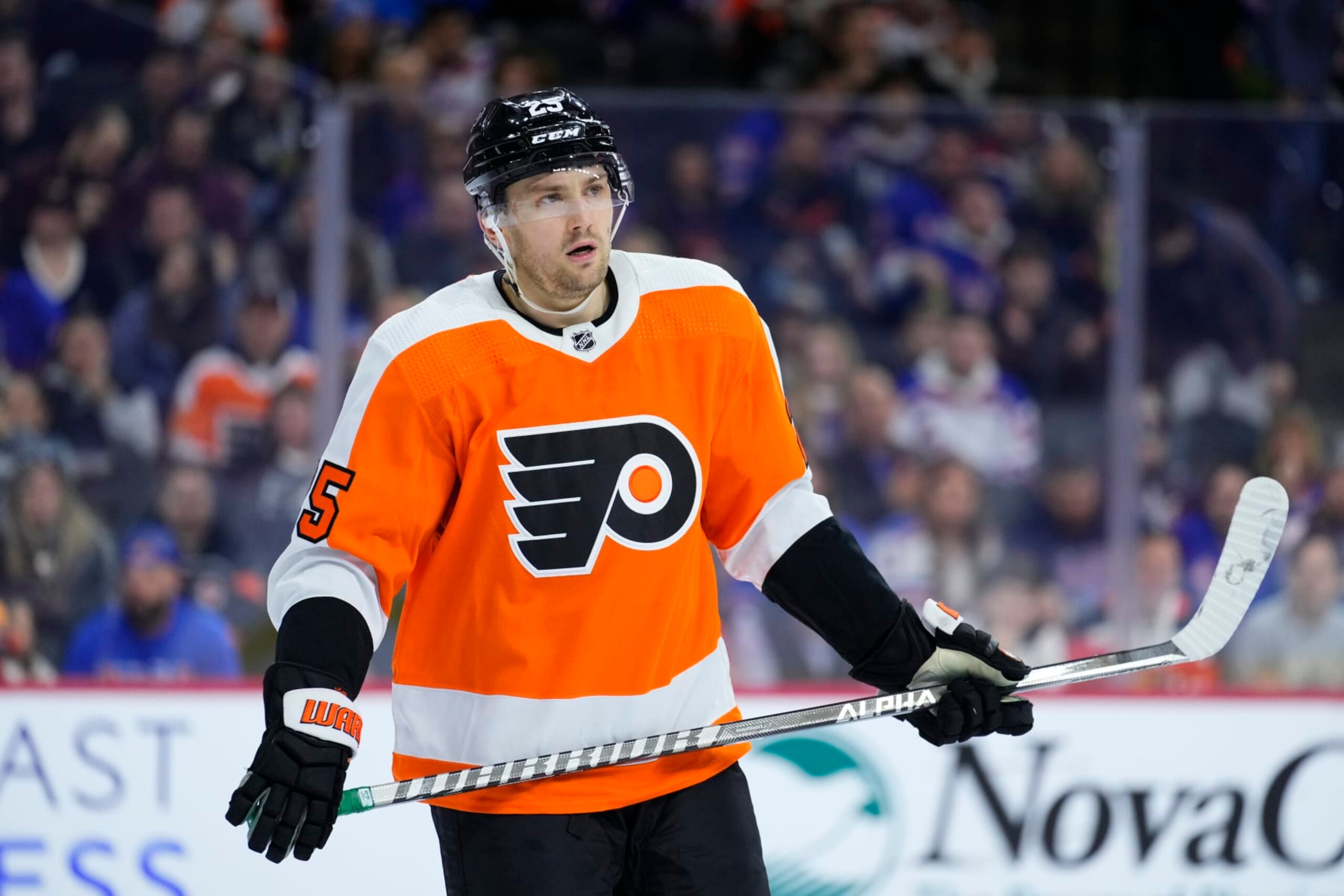 Philadelphia Flyers' James van Riemsdyk plays during an NHL hockey game, Wednesday, March 1, 2023, in Philadelphia. (AP Photo/Matt Slocum)