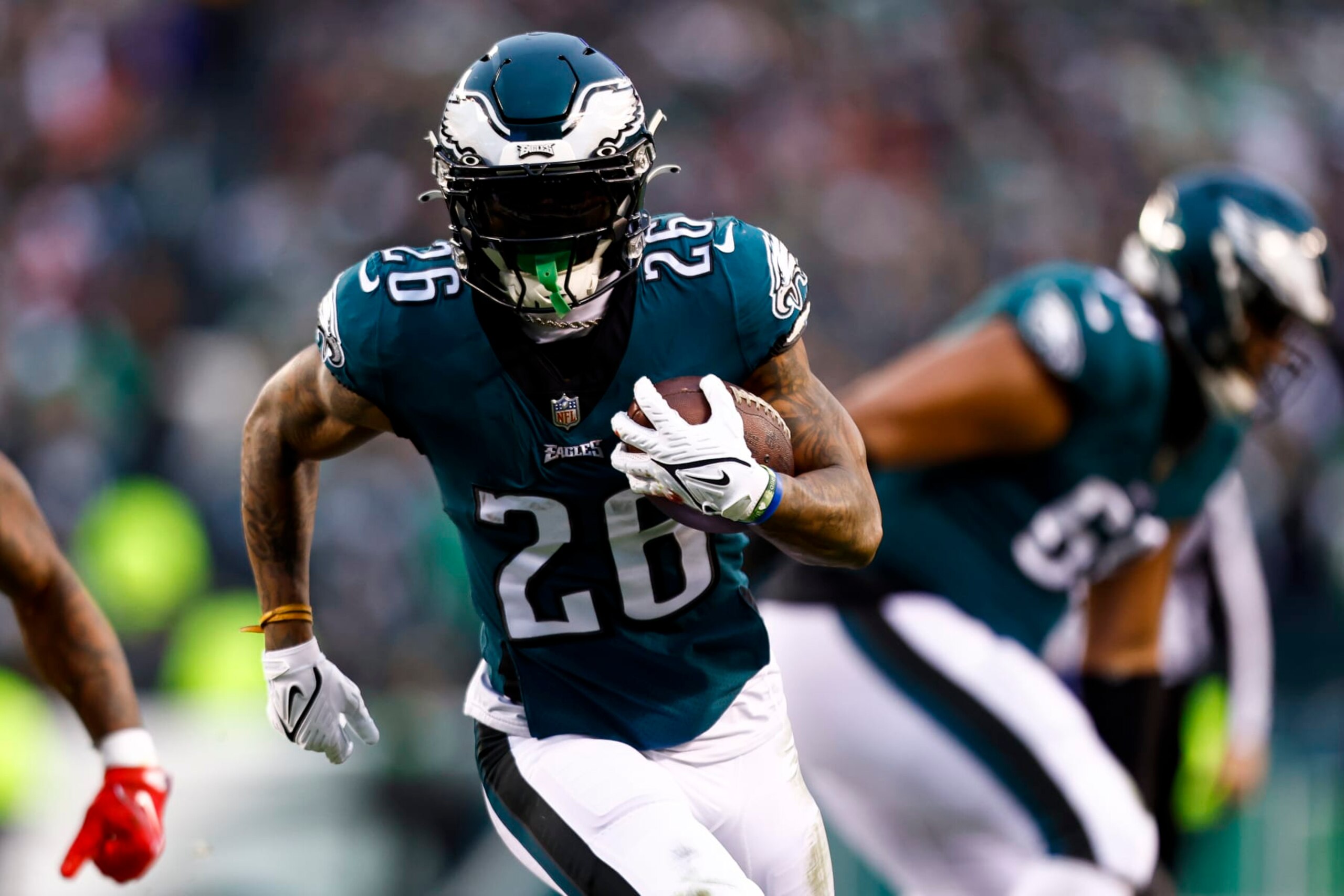 PHILADELPHIA, PA - JANUARY 29: Miles Sanders #26 of the Philadelphia Eagles carries the ball during the NFC Championship NFL football game against the San Francisco 49ers at Lincoln Financial Field on January 29, 2023 in Philadelphia, Pennsylvania. (Photo by Kevin Sabitus/Getty Images)