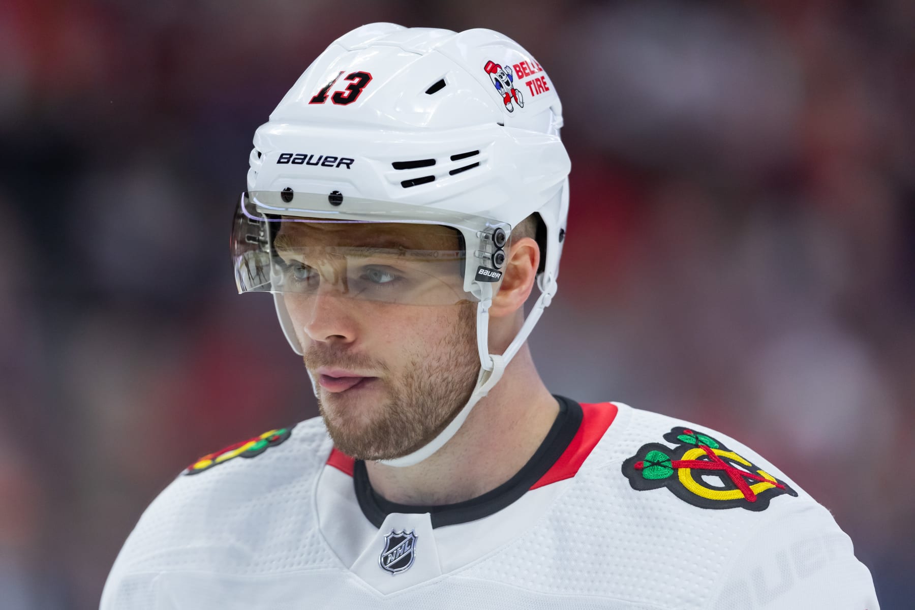 OTTAWA, ON - FEBRUARY 17: Chicago Blackhawks Center Max Domi (13) before a face-off during third period National Hockey League action between the Chicago Blackhawks and Ottawa Senators on February 17, 2023, at Canadian Tire Centre in Ottawa, ON, Canada. (Photo by Richard A. Whittaker/Icon Sportswire via Getty Images)