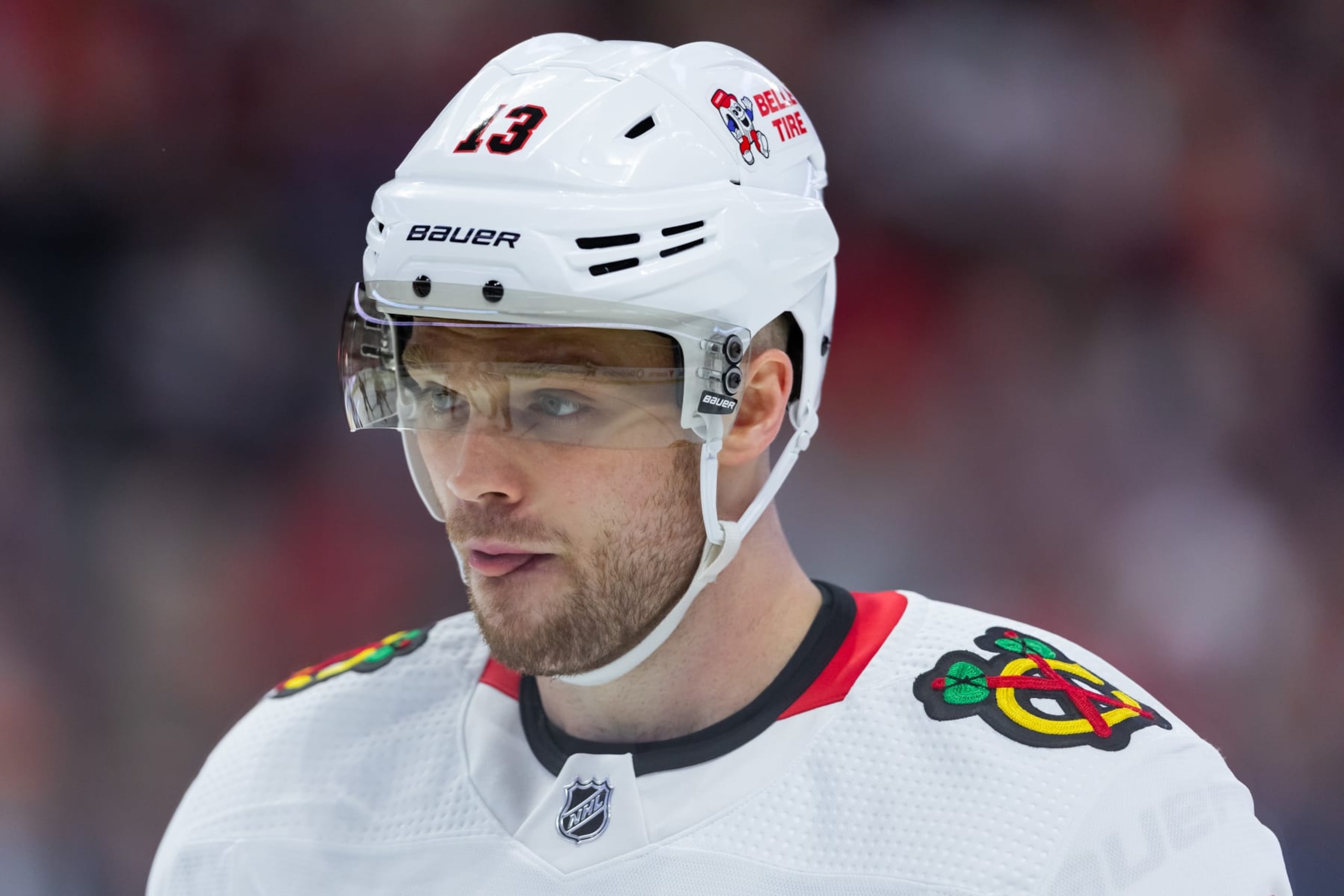 OTTAWA, ON - FEBRUARY 17: Chicago Blackhawks Center Max Domi (13) before a face-off during third period National Hockey League action between the Chicago Blackhawks and Ottawa Senators on February 17, 2023, at Canadian Tire Centre in Ottawa, ON, Canada. (Photo by Richard A. Whittaker/Icon Sportswire via Getty Images)