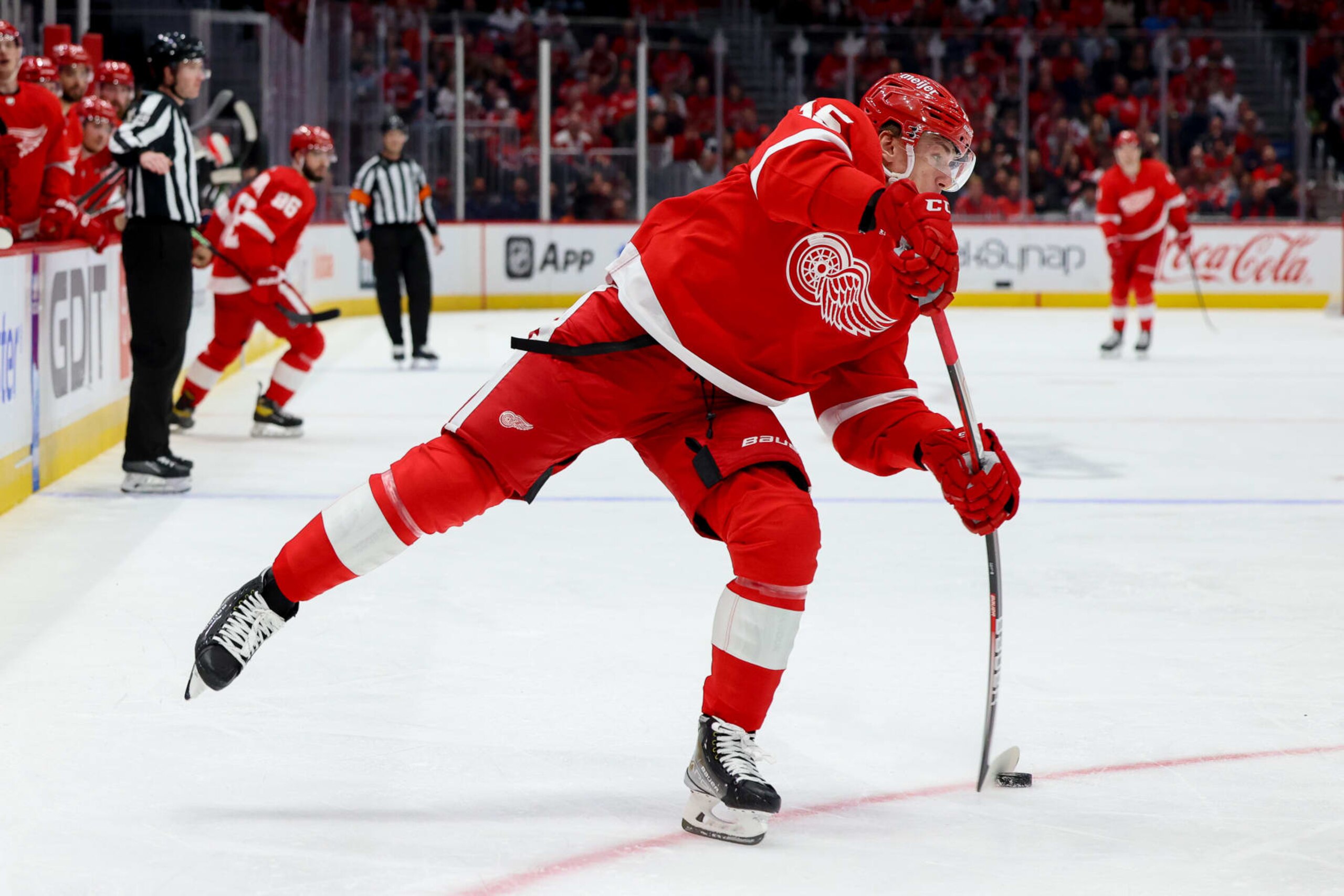WASHINGTON, DC - FEBRUARY 21: Jakub Vrana #15 of the Detroit Red Wings takes a shot on net during a game against the Washington Capitals at Capital One Arena on February 21, 2023 in Washington, D.C. (Photo by John McCreary/NHLI via Getty Images)