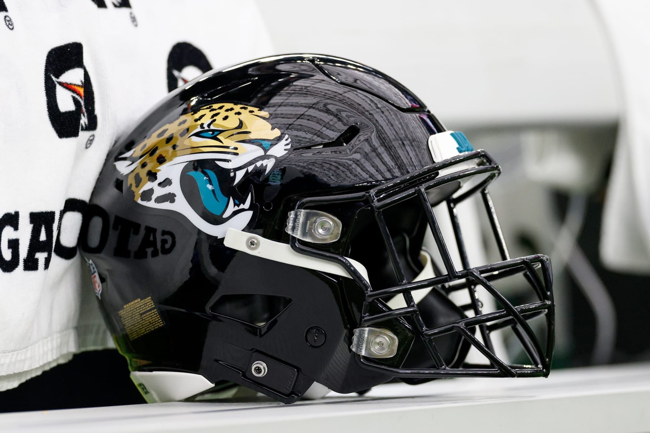 HOUSTON, TEXAS - JANUARY 01: A Jacksonville Jaguars helmet is seen on the bench during the game against the Houston Texans at NRG Stadium on January 01, 2023 in Houston, Texas. (Photo by Tim Warner/Getty Images) HOUSTON, TEXAS - JANUARY 01: A Jacksonville Jaguars helmet is seen on the bench during the game against the Houston Texans at NRG Stadium on January 01, 2023 in Houston, Texas. (Photo by Tim Warner/Getty Images)