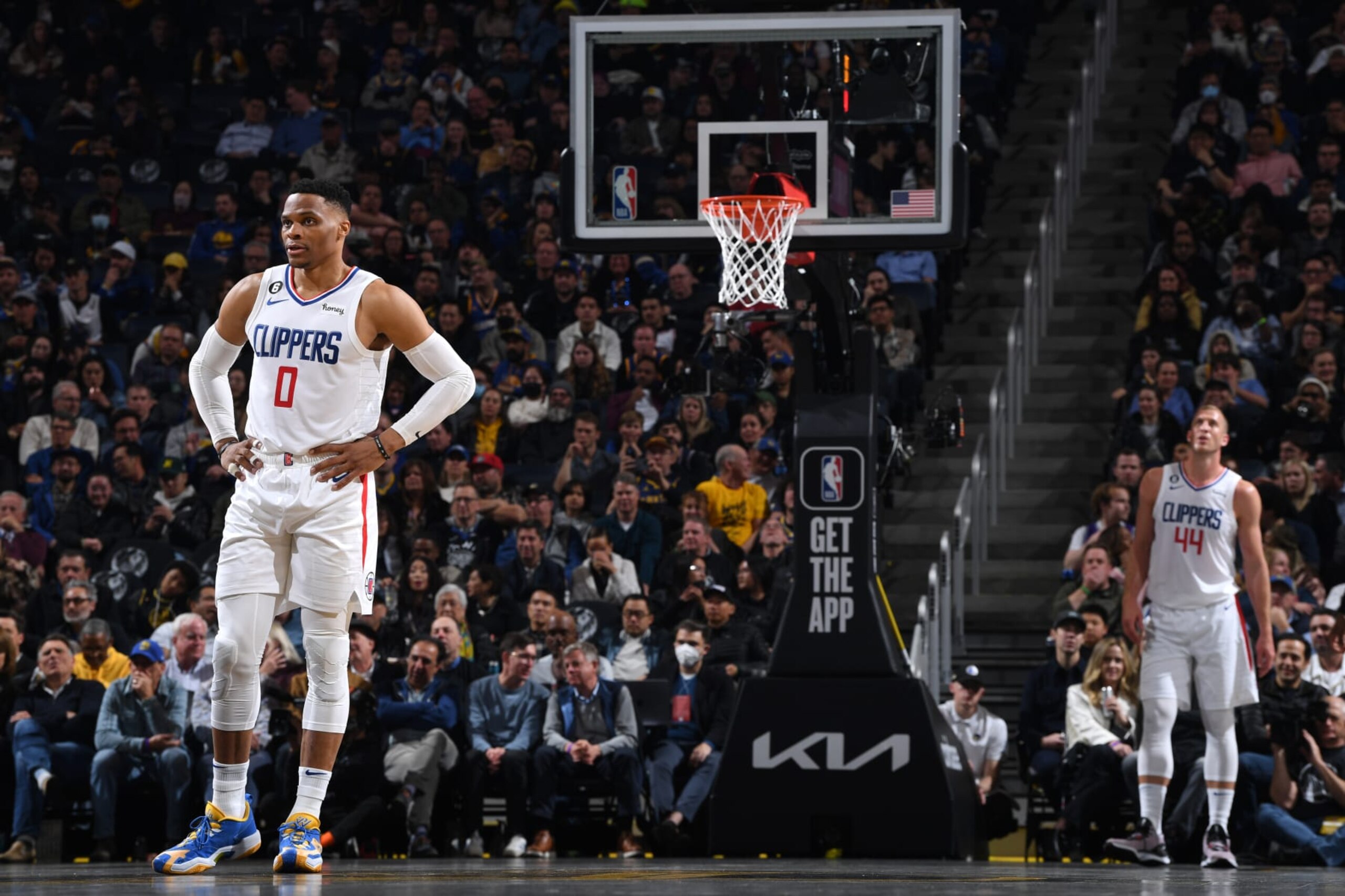 SAN FRANCISCO, CA - MARCH 2: Russell Westbrook #0 of the LA Clippers and Mason Plumlee #44 look on during the game against the Golden State Warriors on March 2, 2023 at Chase Center in San Francisco, California. NOTE TO USER: User expressly acknowledges and agrees that, by downloading and or using this photograph, user is consenting to the terms and conditions of Getty Images License Agreement. Mandatory Copyright Notice: Copyright 2023 NBAE (Photo by Noah Graham/NBAE via Getty Images) SAN FRANCISCO, CA - MARCH 2: Russell Westbrook #0 of the LA Clippers and Mason Plumlee #44 look on during the game against the Golden State Warriors on March 2, 2023 at Chase Center in San Francisco, California. NOTE TO USER: User expressly acknowledges and agrees that, by downloading and or using this photograph, user is consenting to the terms and conditions of Getty Images License Agreement. Mandatory Copyright Notice: Copyright 2023 NBAE (Photo by Noah Graham/NBAE via Getty Images)