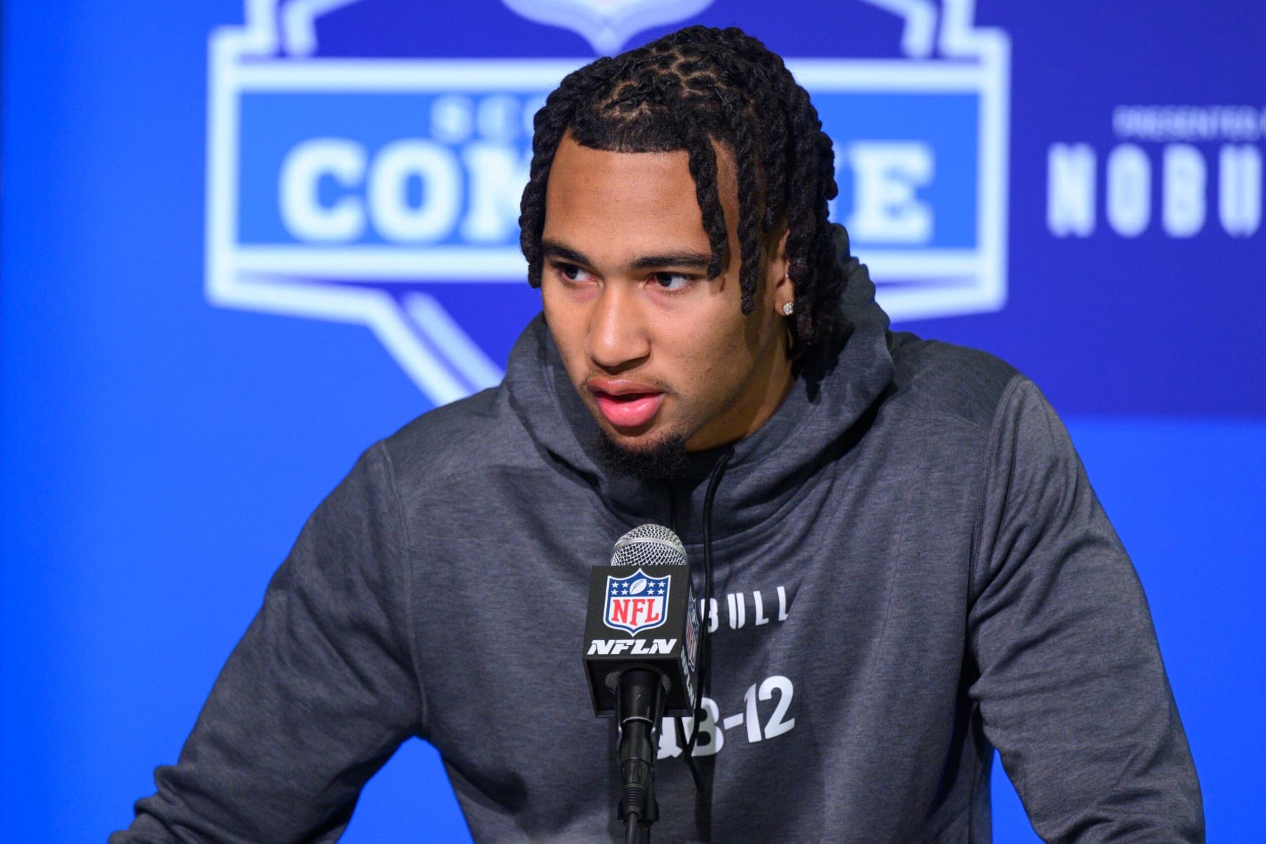 INDIANAPOLIS, IN - MARCH 03: Ohio State quarterback C.J. Stroud answers questions from the media during the NFL Scouting Combine on March 3, 2023, at the Indiana Convention Center in Indianapolis, IN. (Photo by Zach Bolinger/Icon Sportswire via Getty Images)