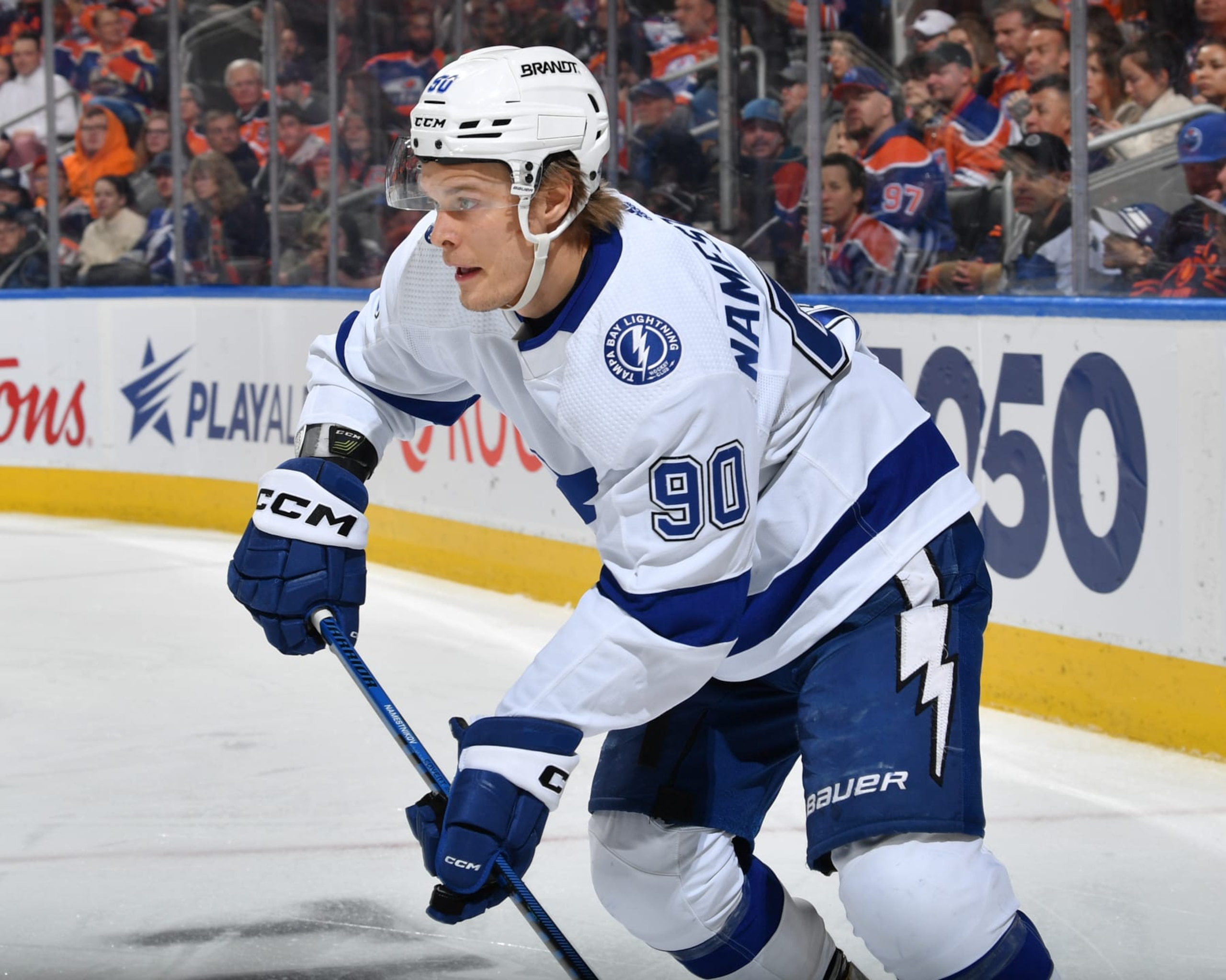 EDMONTON, CANADA - JANUARY 19: Vladislav Namestnikov #90 of the Tampa Bay Lightning skates during the game against the Edmonton Oilers on January 19, 2023 at Rogers Place in Edmonton, Alberta, Canada. (Photo by Andy Devlin/NHLI via Getty Images)