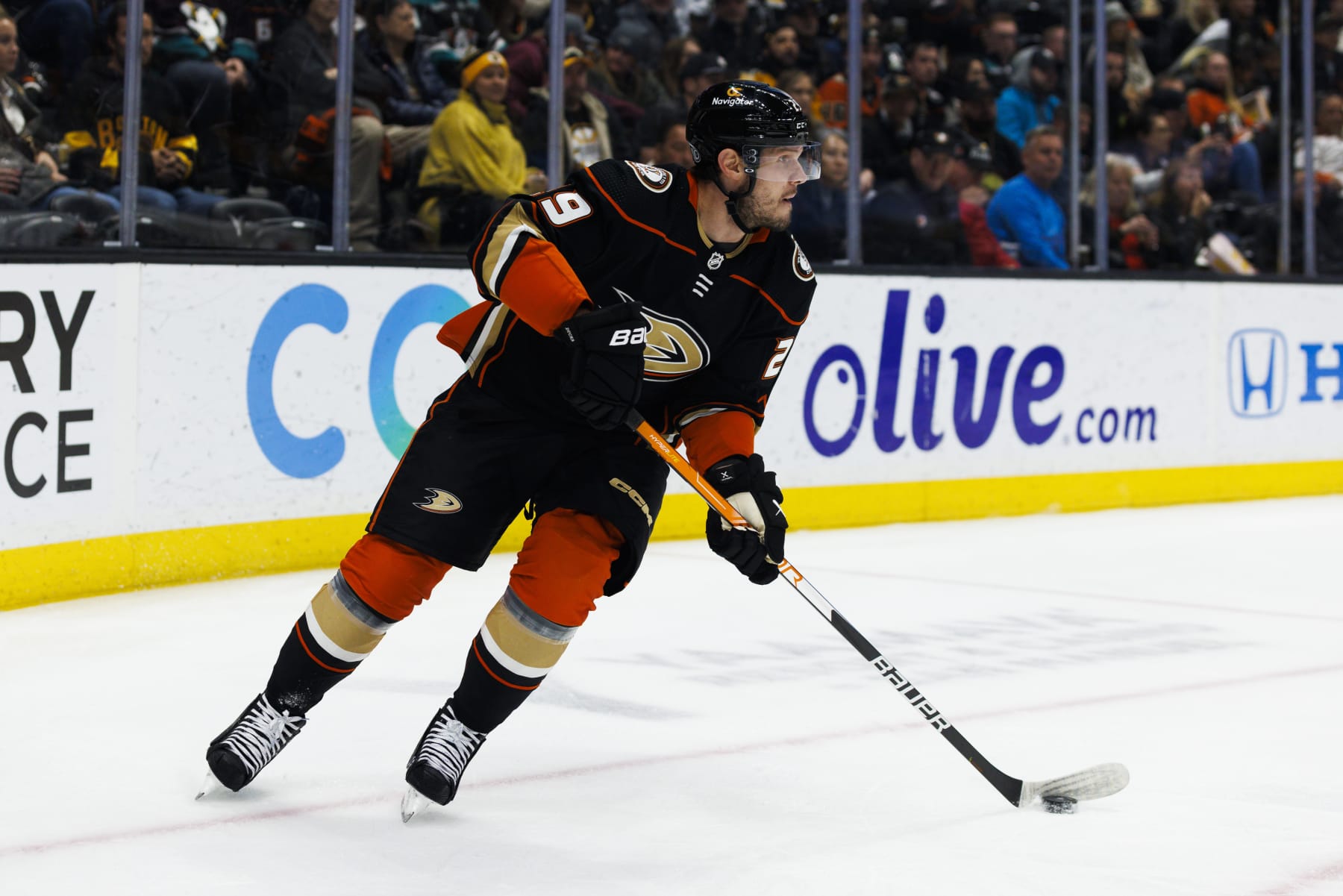 ANAHEIM, CA - JANUARY 08: Anaheim Ducks defenseman Dmitry Kulikov (29) skates with the puck during the NHL hockey game between the Boston Bruins and the Anaheim Ducks on January 8, 2023 at Honda Center in Anaheim, CA. (Photo by Ric Tapia/Icon Sportswire via Getty Images)