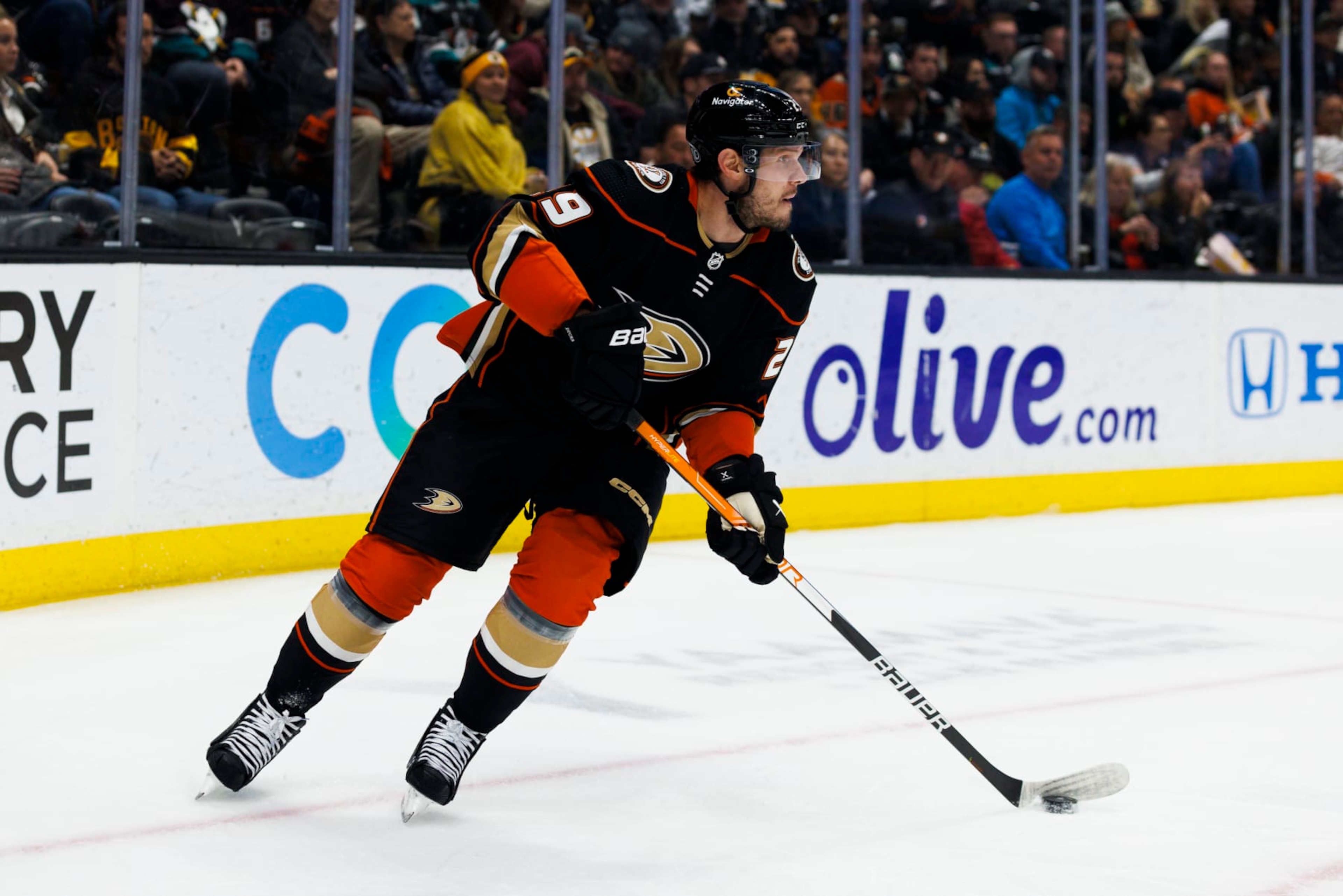 ANAHEIM, CA - JANUARY 08: Anaheim Ducks defenseman Dmitry Kulikov (29) skates with the puck during the NHL hockey game between the Boston Bruins and the Anaheim Ducks on January 8, 2023 at Honda Center in Anaheim, CA. (Photo by Ric Tapia/Icon Sportswire via Getty Images) ANAHEIM, CA - JANUARY 08: Anaheim Ducks defenseman Dmitry Kulikov (29) skates with the puck during the NHL hockey game between the Boston Bruins and the Anaheim Ducks on January 8, 2023 at Honda Center in Anaheim, CA. (Photo by Ric Tapia/Icon Sportswire via Getty Images)