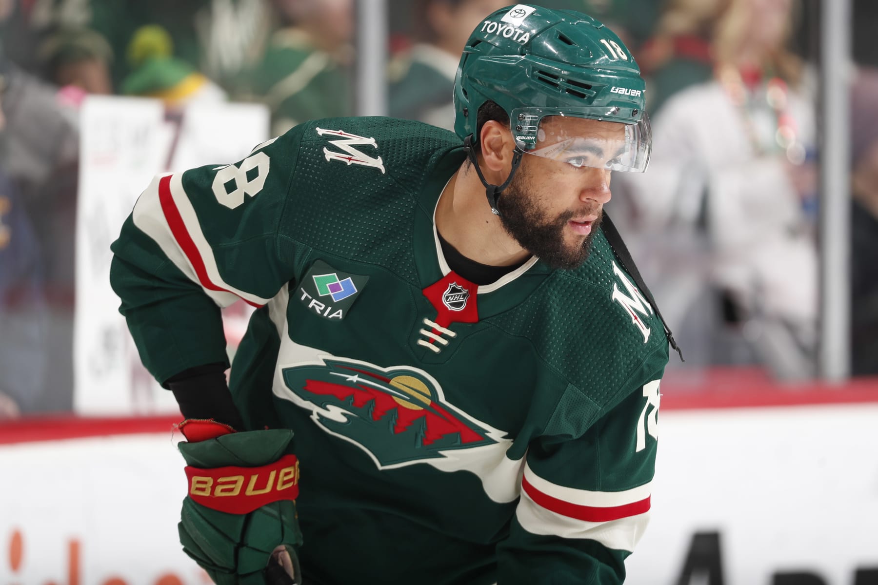 SAINT PAUL, MN - FEBRUARY 13: Jordan Greenway #18 of the Minnesota Wild warms up prior to the game against the Florida Panthers at the Xcel Energy Center on February 13, 2023 in Saint Paul, Minnesota. (Photo by Bruce Kluckhohn/NHLI via Getty Images)