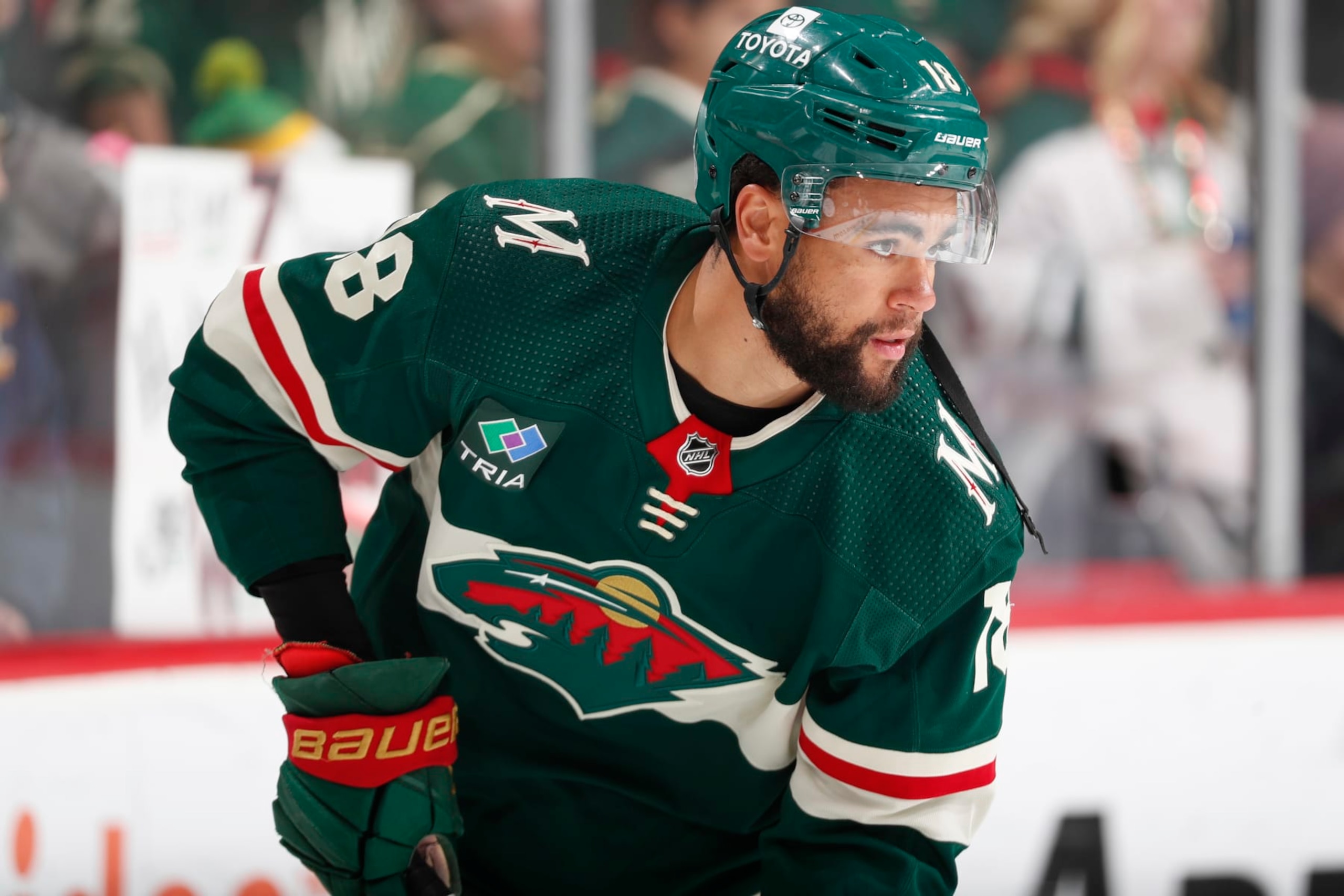SAINT PAUL, MN - FEBRUARY 13: Jordan Greenway #18 of the Minnesota Wild warms up prior to the game against the Florida Panthers at the Xcel Energy Center on February 13, 2023 in Saint Paul, Minnesota. (Photo by Bruce Kluckhohn/NHLI via Getty Images)