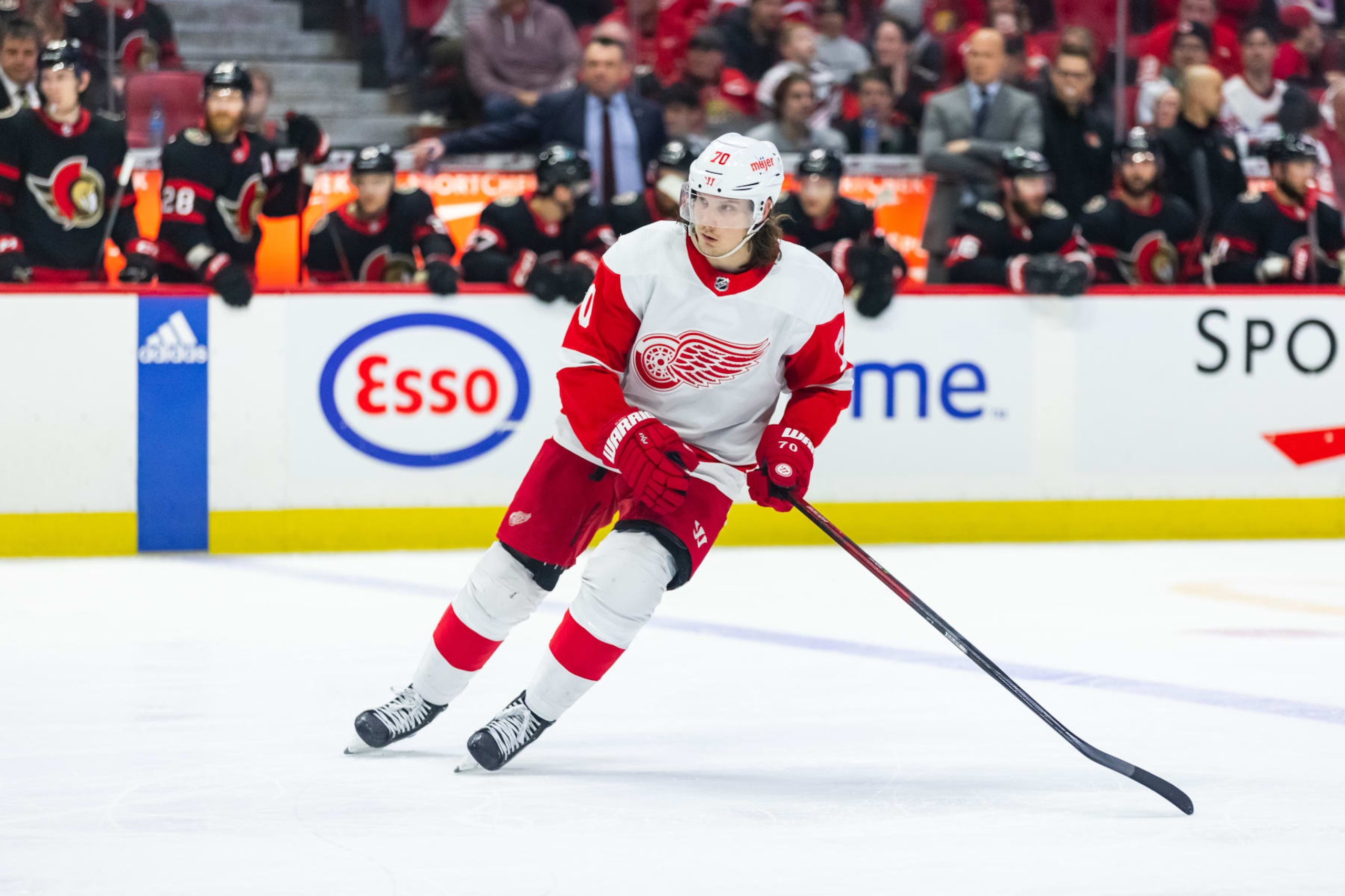 OTTAWA, ON - FEBRUARY 28: Detroit Red Wings Winger Oskar Sundqvist (70) applies pressure on the forecheck during third period National Hockey League action between the Detroit Red Wings and Ottawa Senators on February 28, 2023, at Canadian Tire Centre in Ottawa, ON, Canada. (Photo by Richard A. Whittaker/Icon Sportswire via Getty Images)