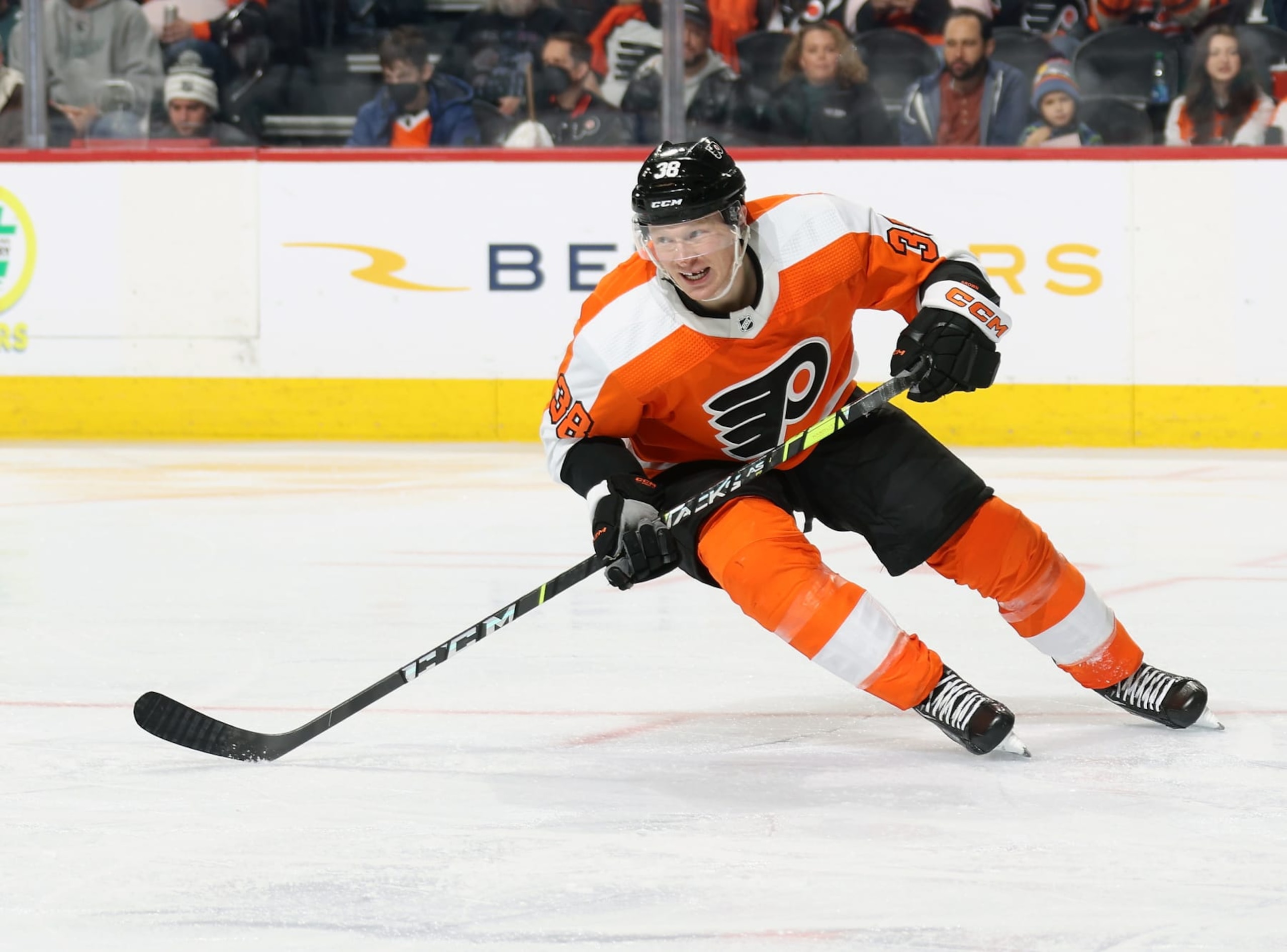 PHILADELPHIA, PENNSYLVANIA - FEBRUARY 12:  Patrick Brown #38 of the Philadelphia Flyers skates against the Seattle Kraken at the Wells Fargo Center on February 12, 2023 in Philadelphia, Pennsylvania.  (Photo by Len Redkoles/NHLI via Getty Images)